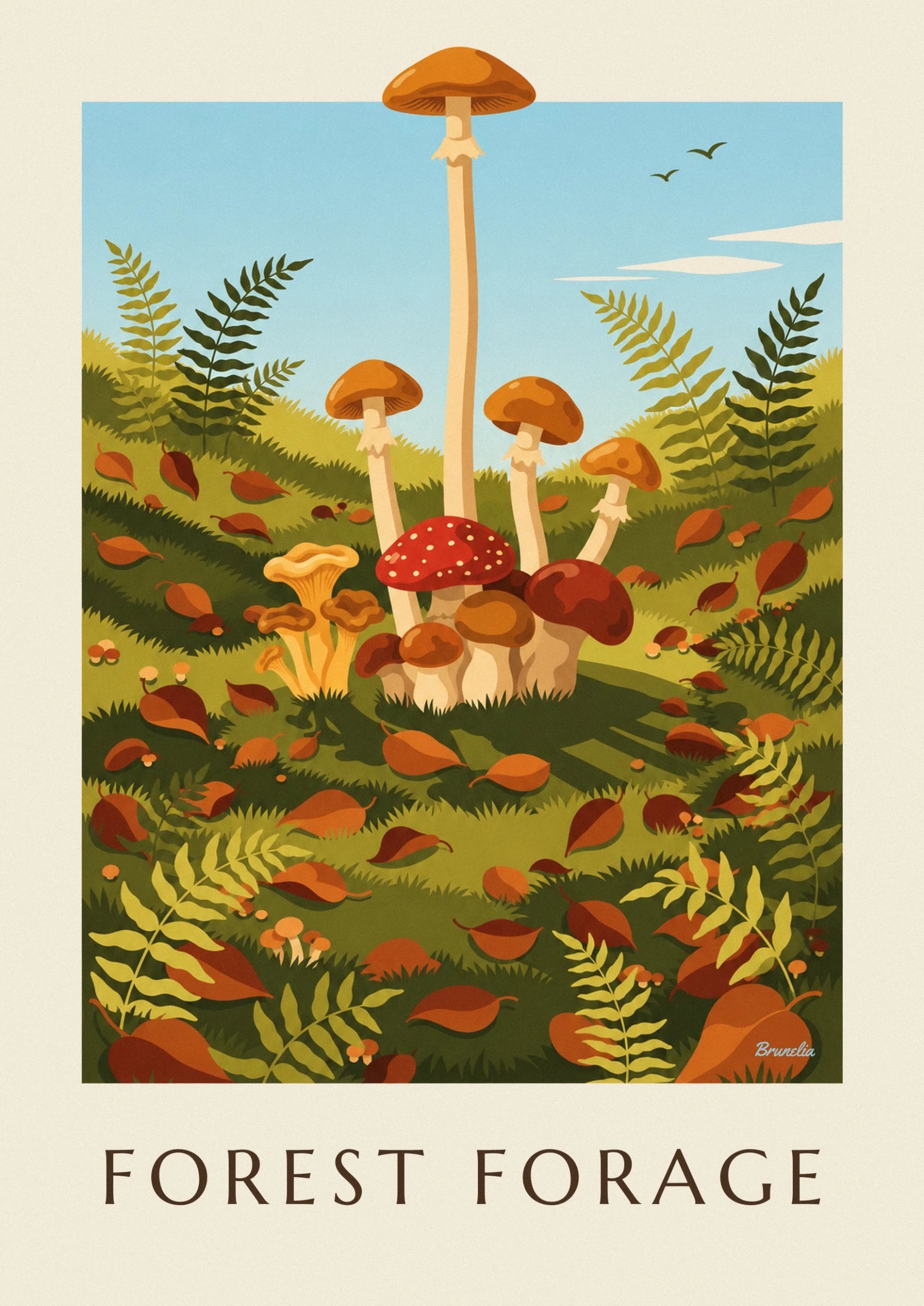 Des champignons aux chapeaux rouges, bruns et dorés parmi les herbes des sous-bois