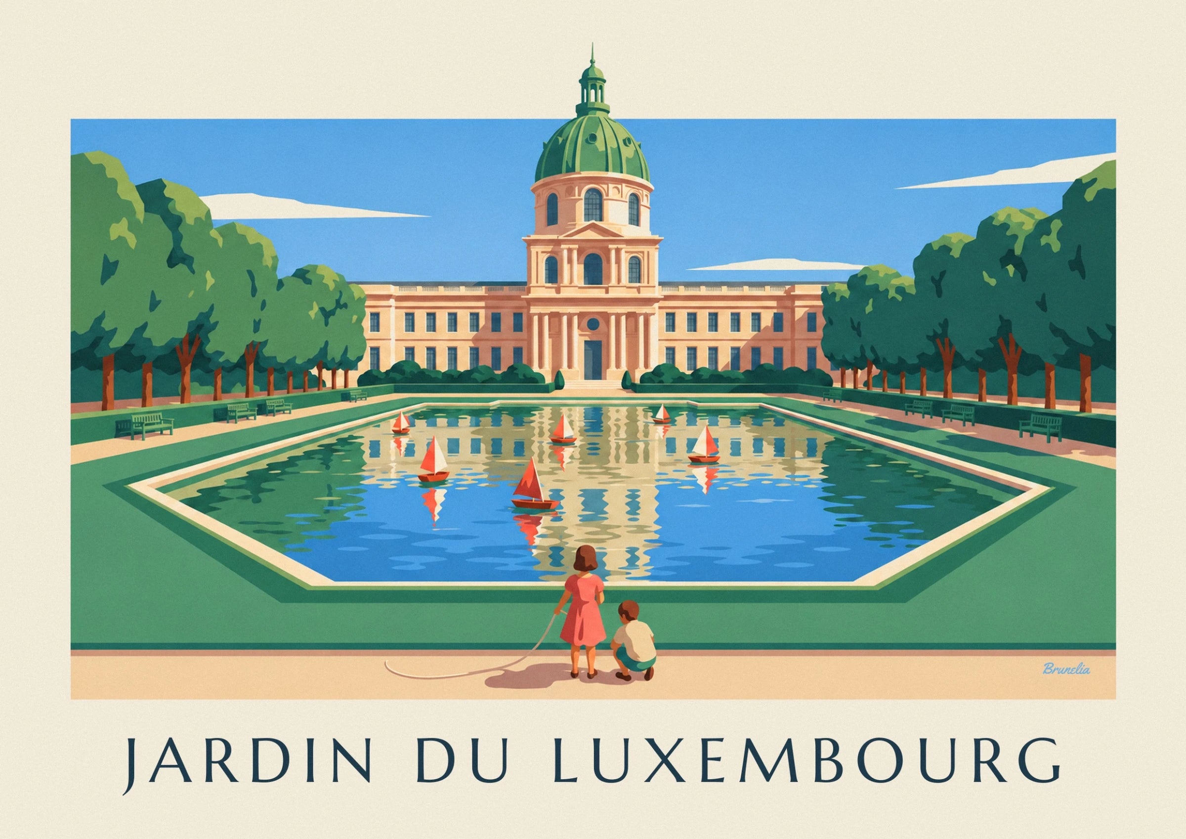 Der Palais du Luxembourg und seine grüne Kuppel über dem Teich mit den Segelbooten