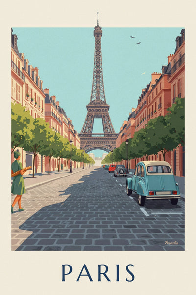 Affiche Citroën 2CV bleue dans une rue pavée face à la tour Eiffel : l'affiche entière