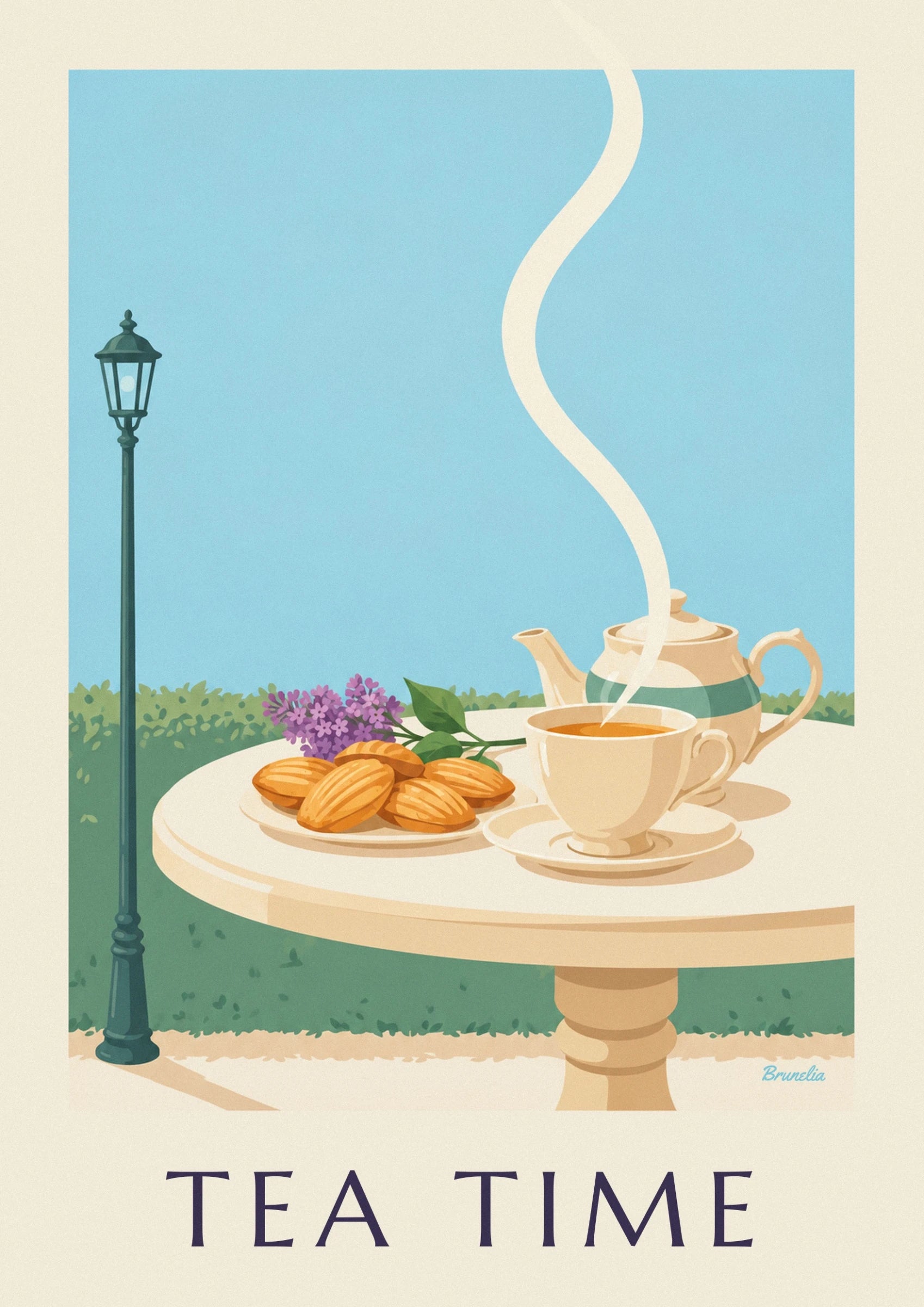 Eine dampfende Tasse Tee und eine cremefarbene Teekanne mit grünem Band auf dem Gartentisch