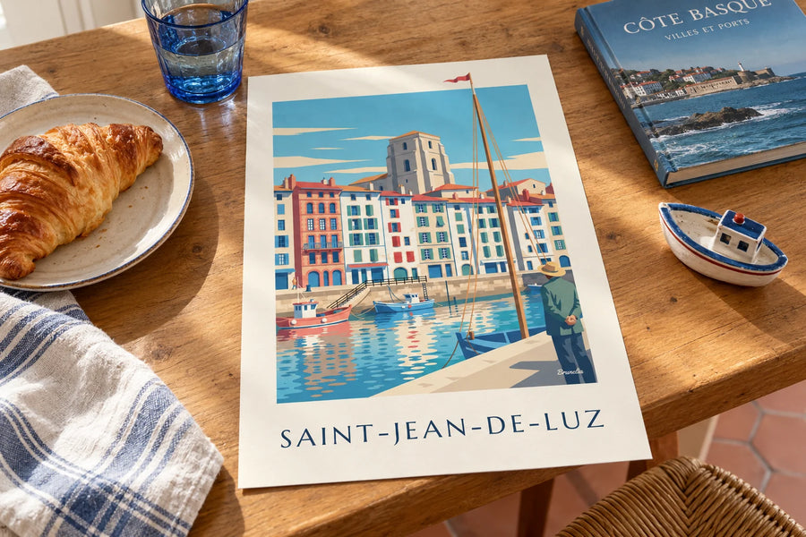 Affiche quais et maisons du port de Saint-Jean-de-Luz : posée sur une table