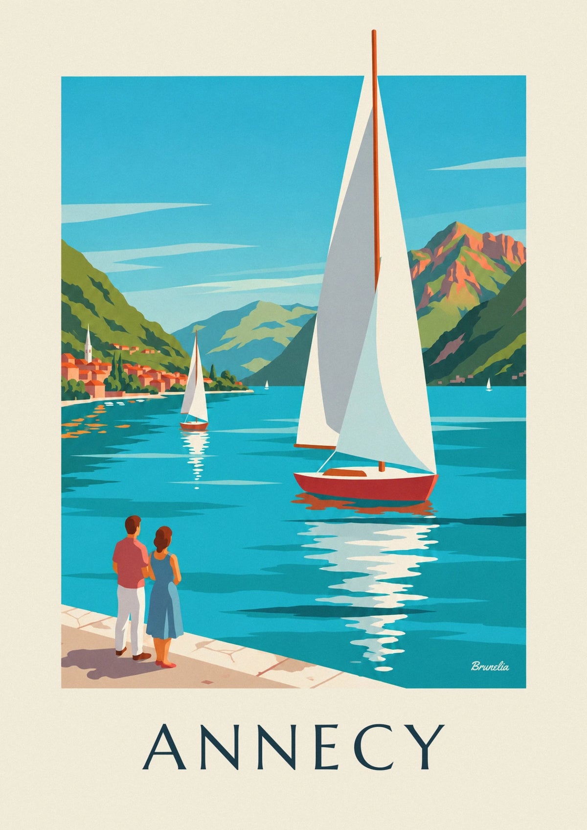 Poster Lac d’Annecy mit Segelbooten am Fuß der Tournette