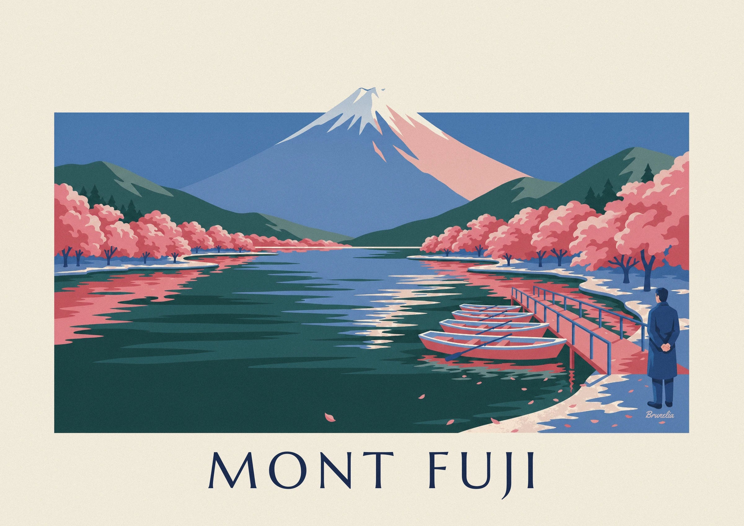 Der blau-rosa Fuji erhebt sich über dem See, am Ufer blühen Kirschbäume