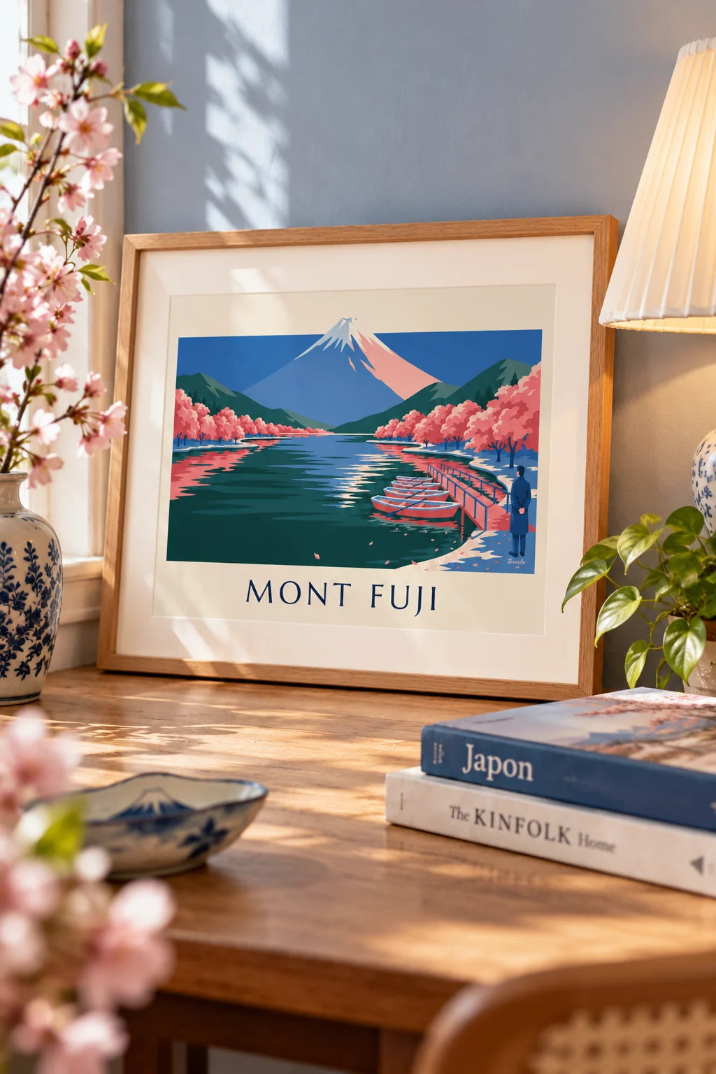 Schlafzimmer: Poster Fuji, Kirschblüten und Boote am Steg im Raum
