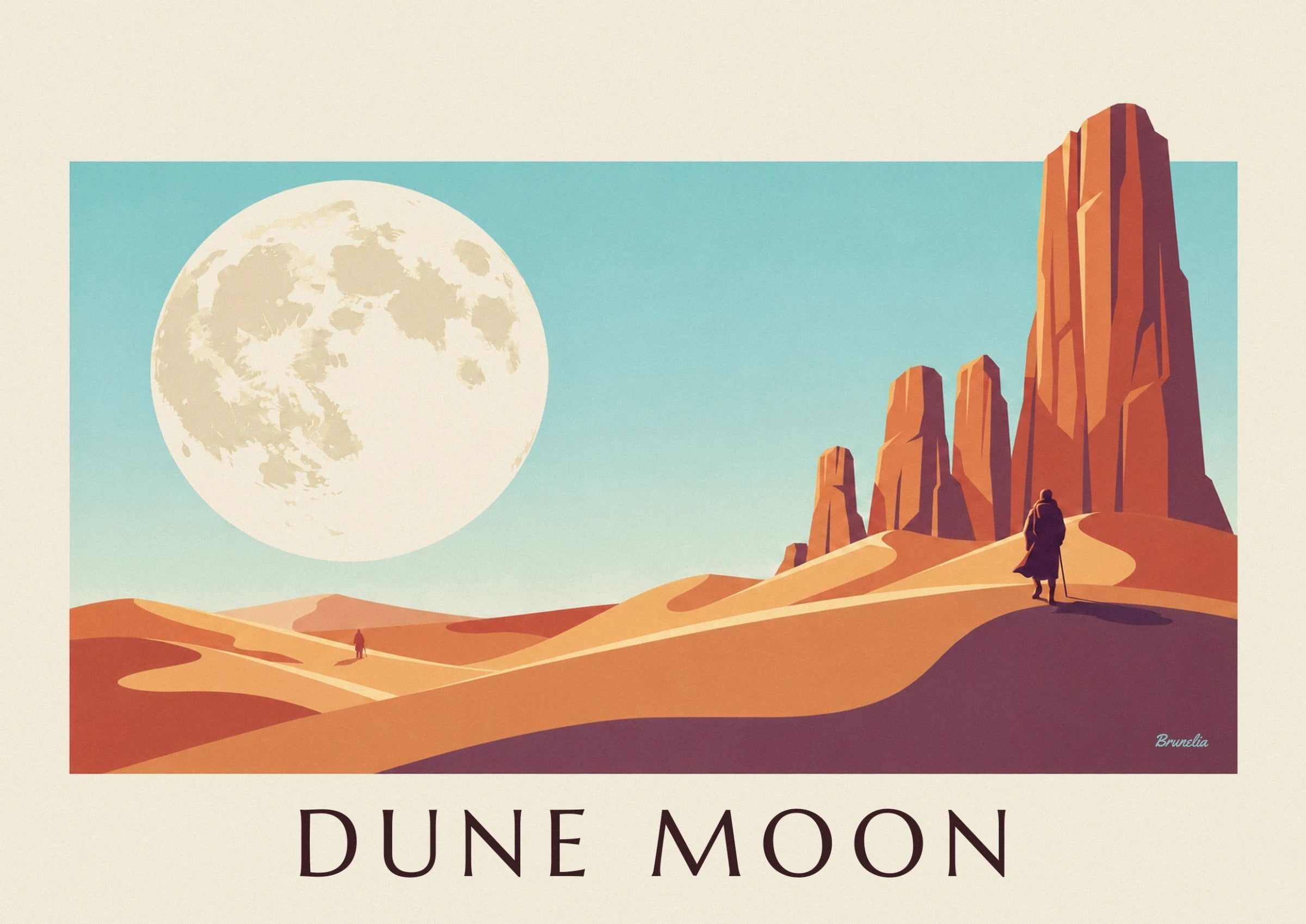 Une lune géante aux cratères crème et beige sur un ciel turquoise