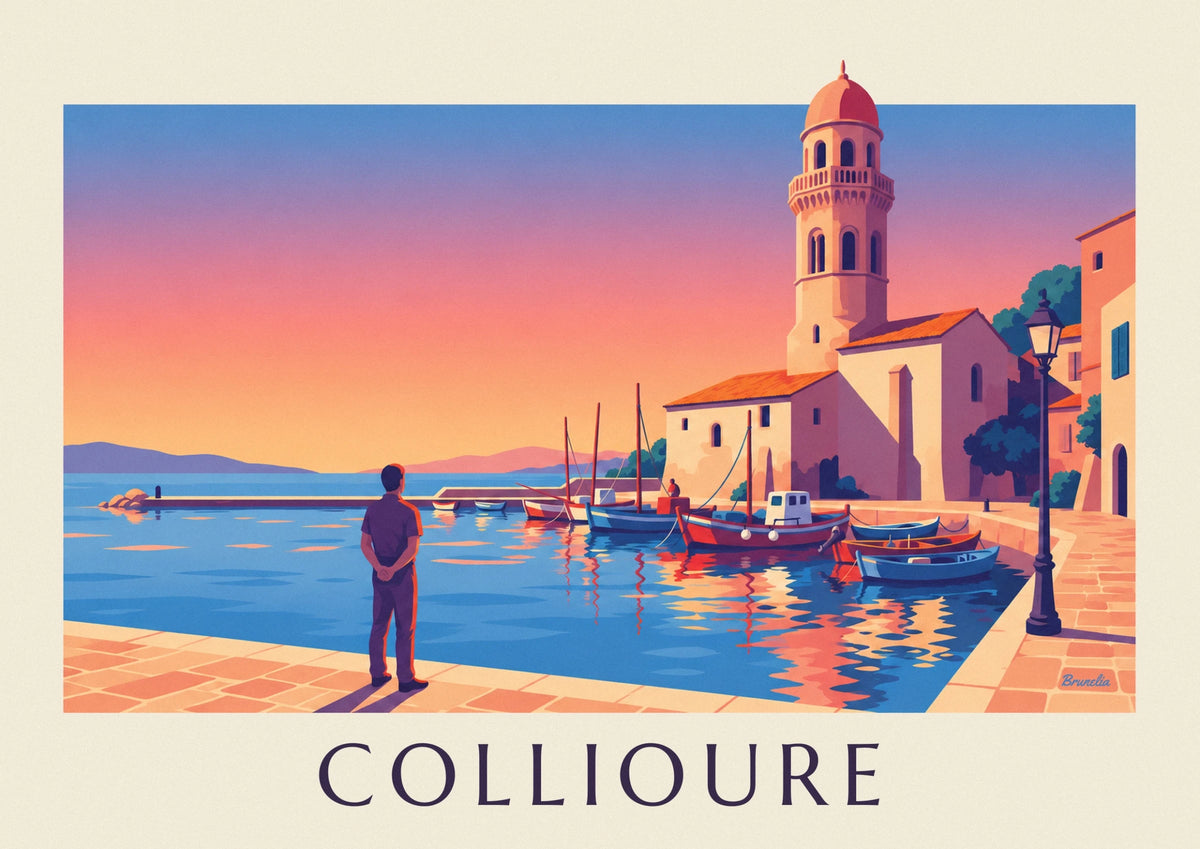 Poster Glockenturm von Collioure im Sonnenuntergang