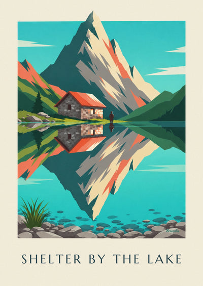 Poster Berghütte aus Stein am Ufer eines Alpensees: das ganze Poster