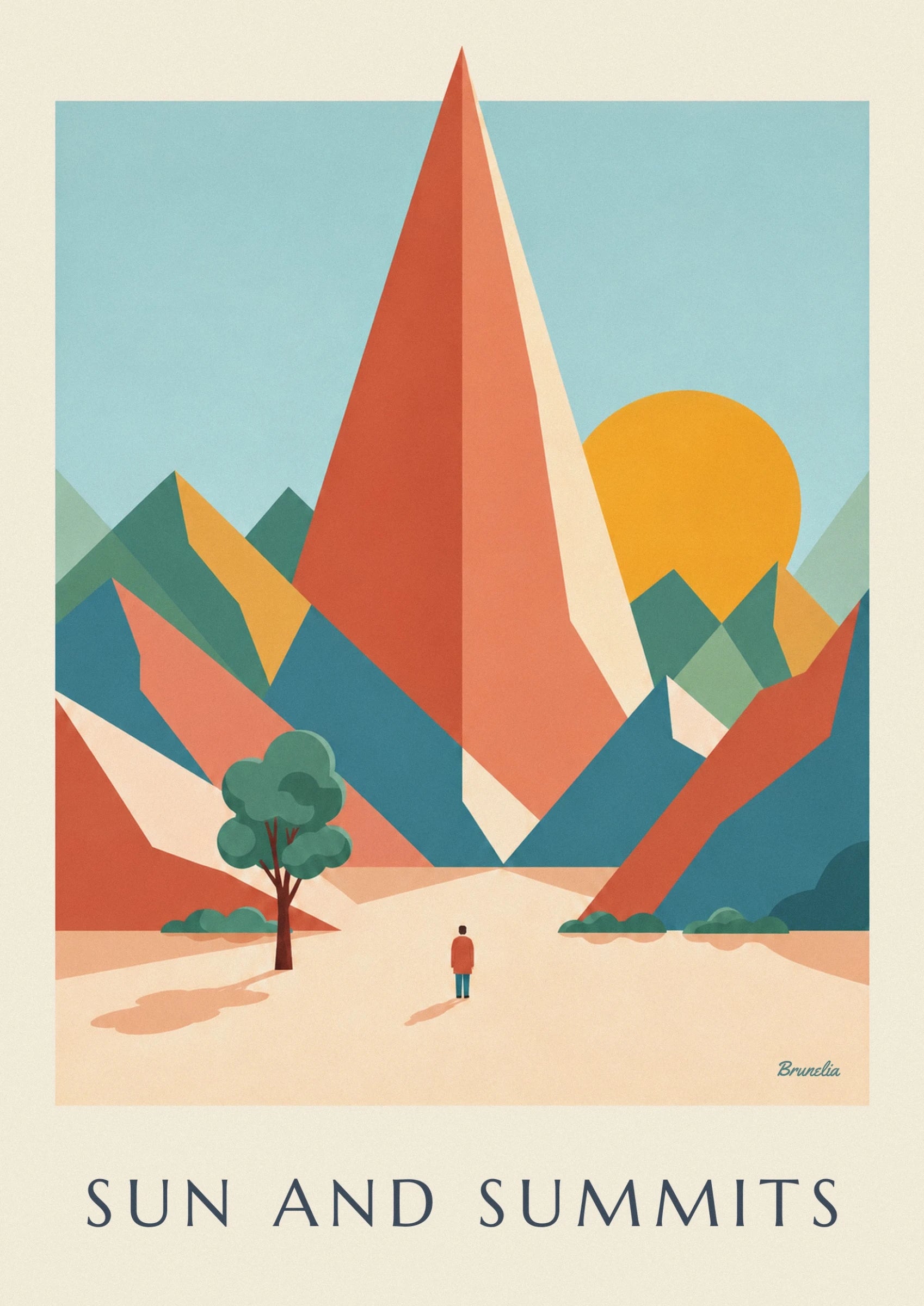 Ein roter und cremefarbener geometrischer Gipfel vor gelber Sonne und blauem Himmel