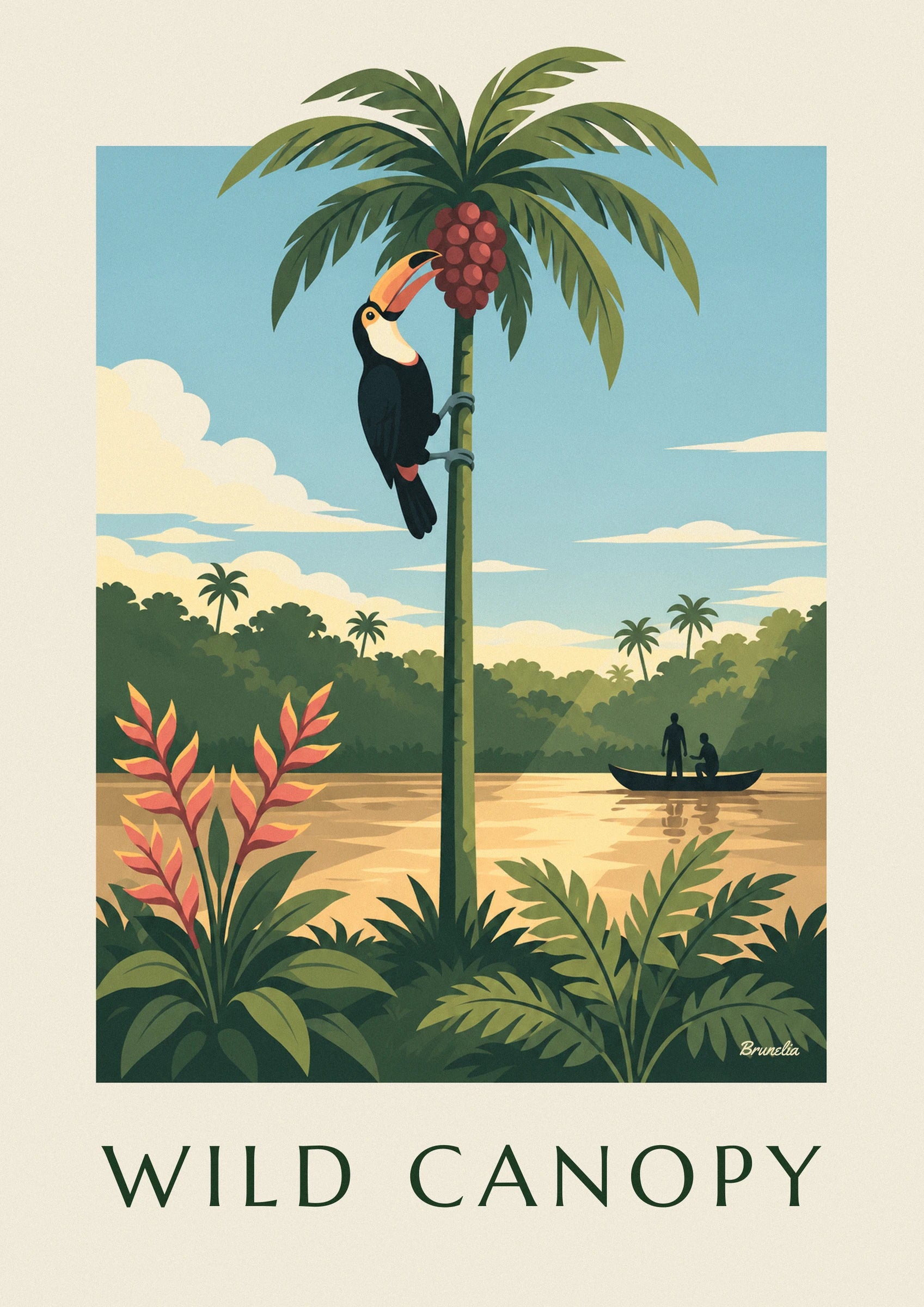 Der Tukan mit schwarzem Gefieder und orangefarbenem Schnabel, der sich an die Palme neben der roten Frucht klammert