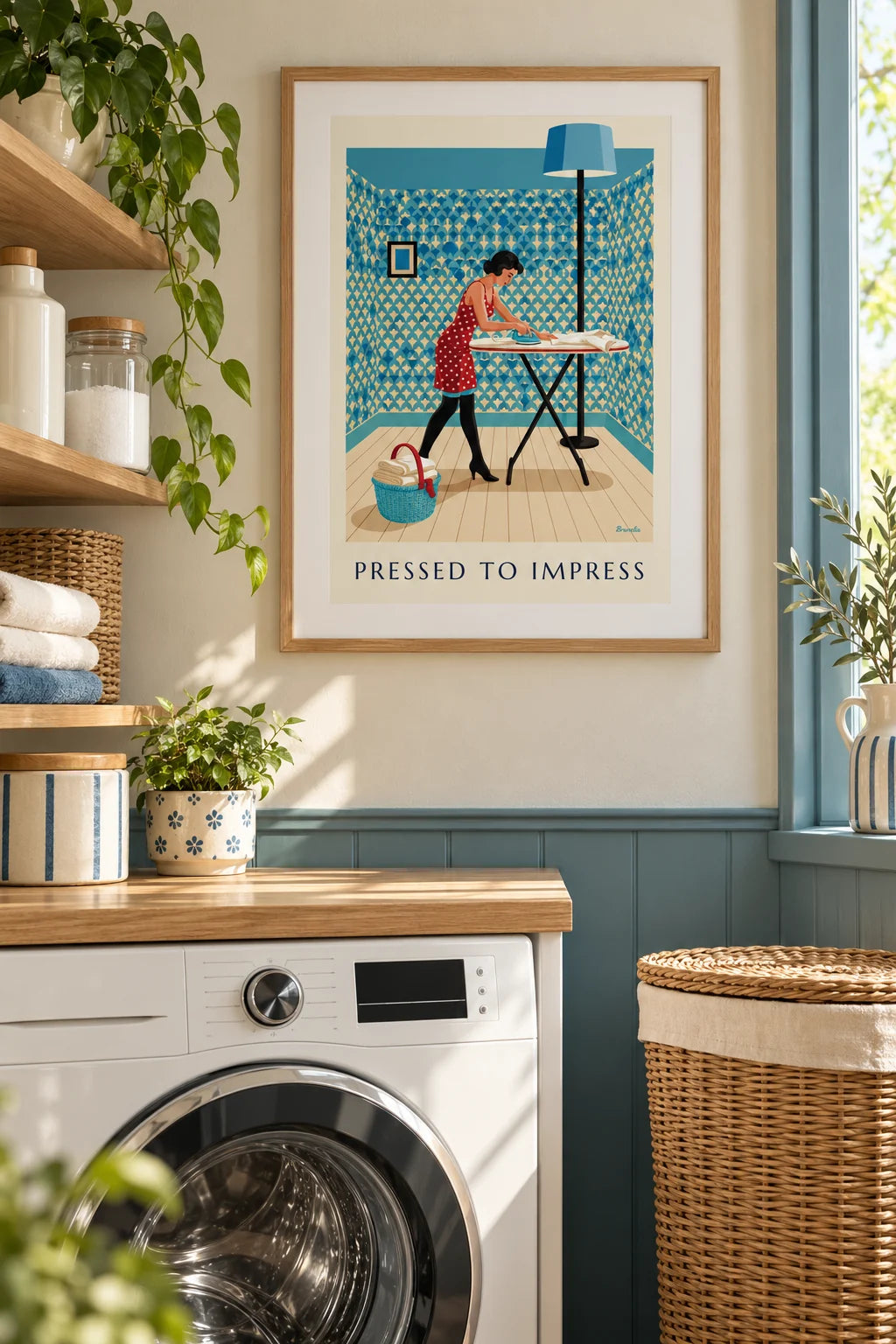 Hauswirtschaftsraum: Pin-up-Poster: Pin-up bügelt ein Hemd am Bügelbrett im Raum