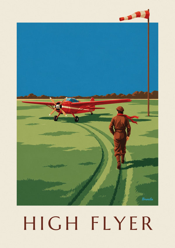 Affiche aviatrice et avion à hélice rouge sur une piste en herbe
