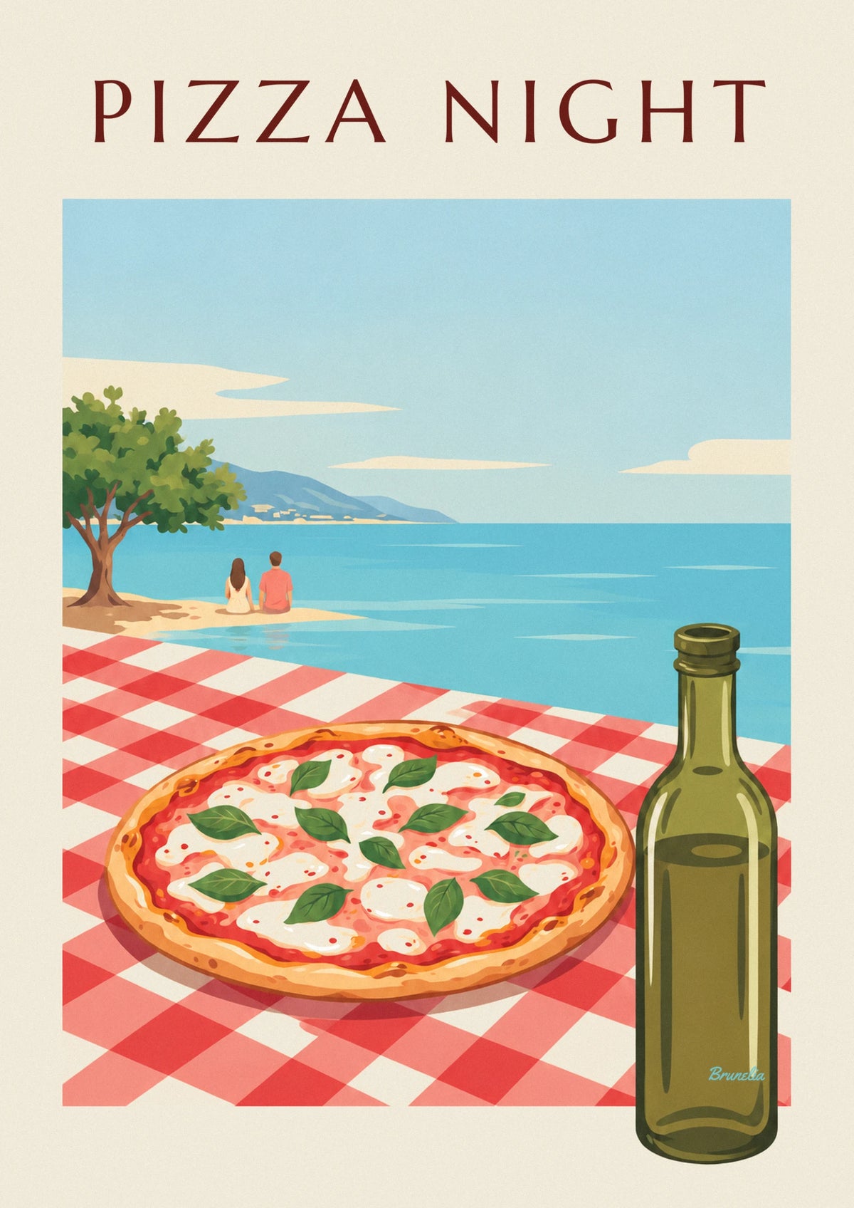 Pizza-Poster mit Mozzarella und Basilikum auf karierter Tischdecke