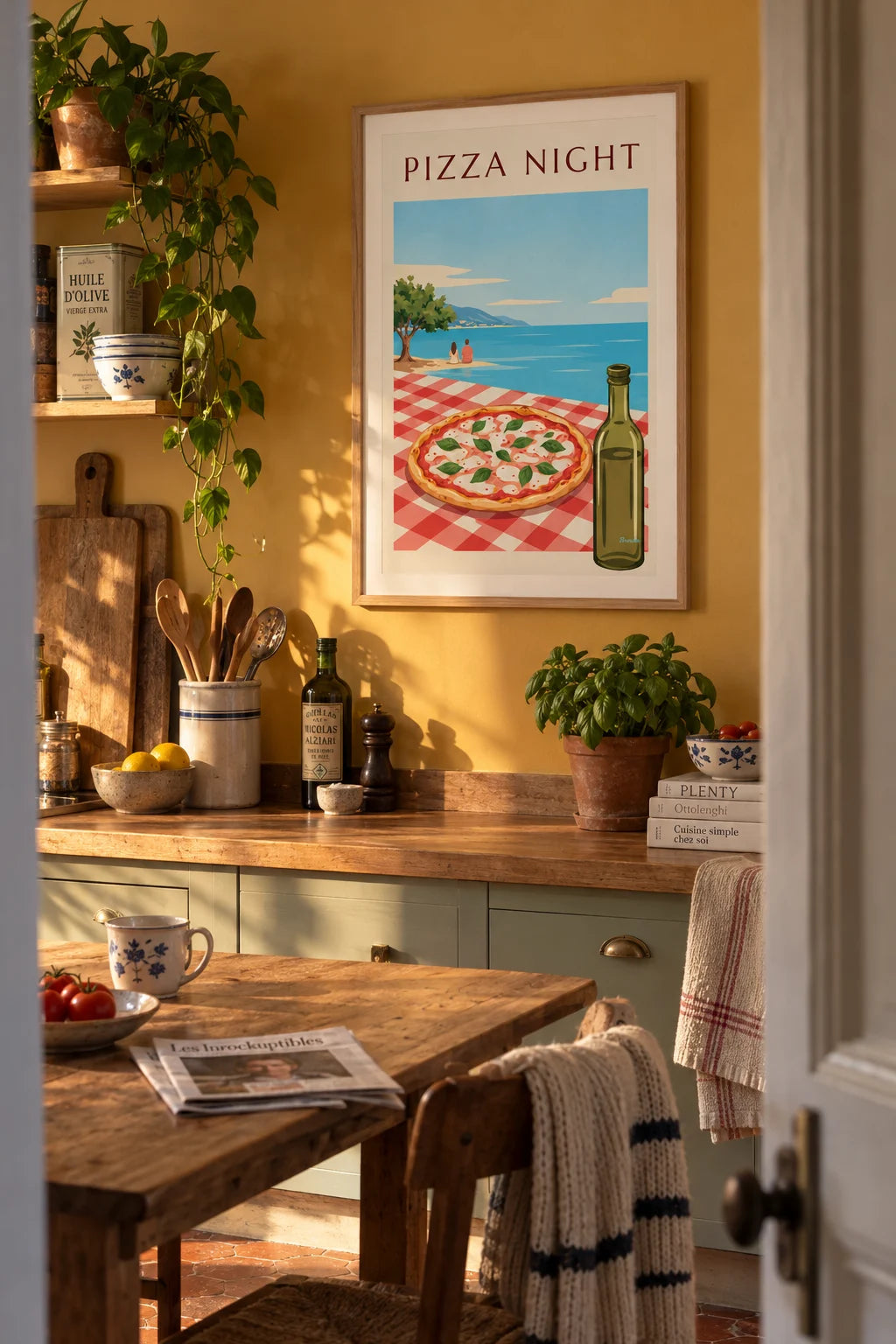 Pizza-Poster mit Mozzarella und Basilikum auf karierter Tischdecke im Raum