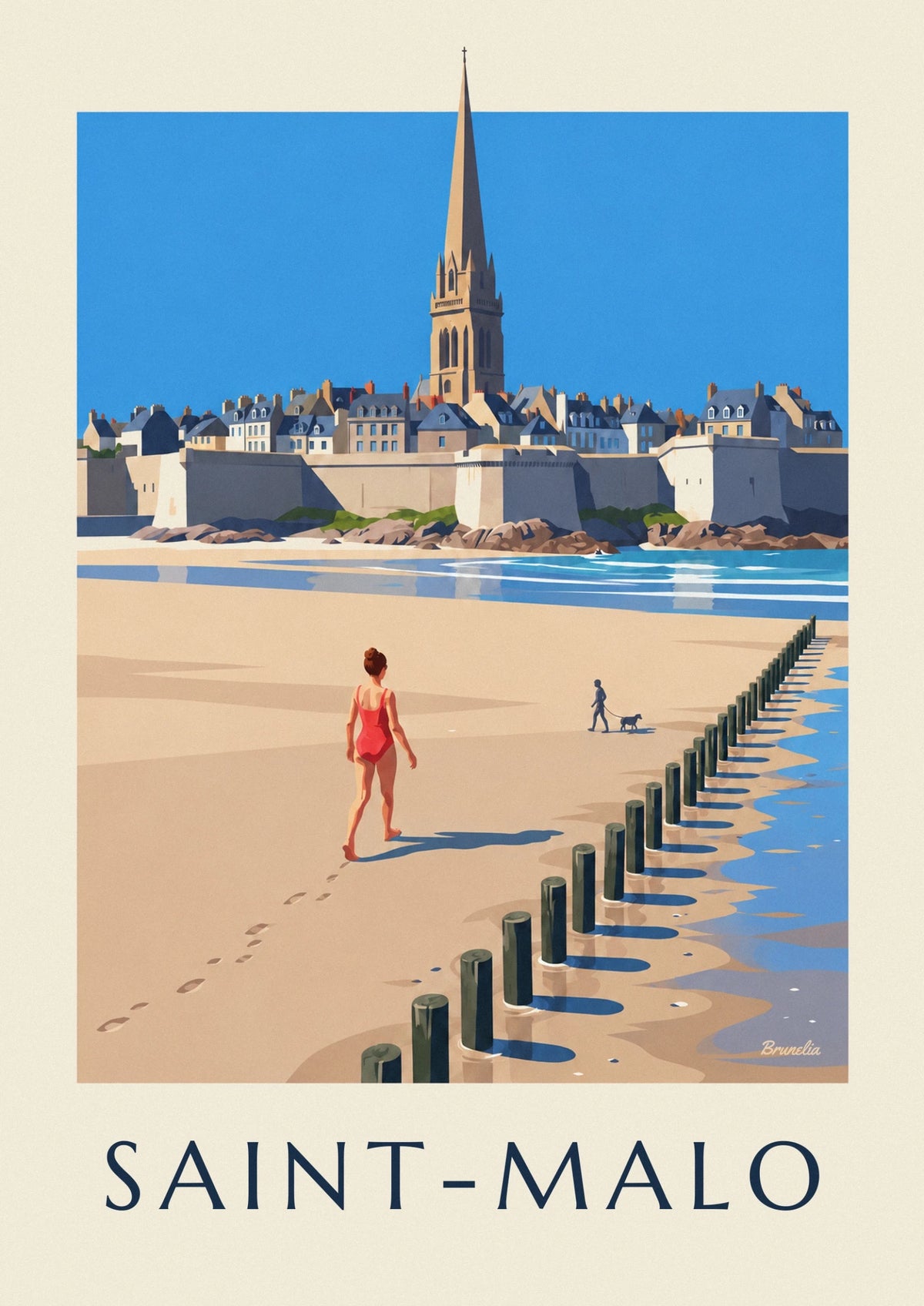 Woman in a swimsuit on Saint-Malo Sillon beach poster