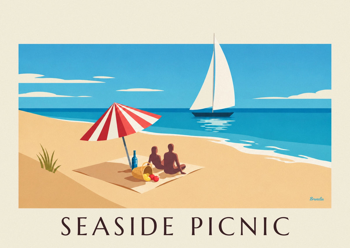 Poster Picknick am Meer unter einem gestreiften Sonnenschirm