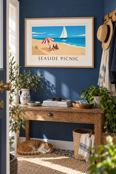 Poster Picknick am Meer unter einem gestreiften Sonnenschirm: gerahmt an der Wand