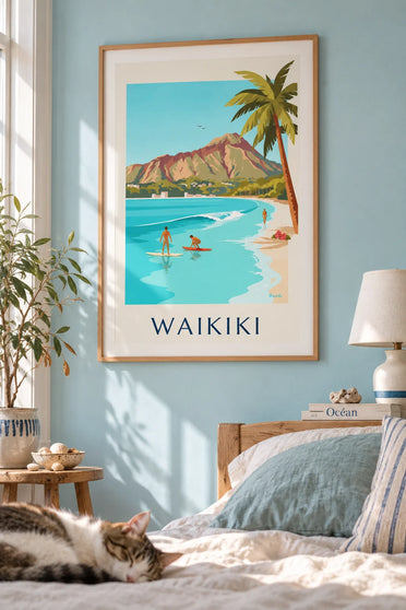 Poster Surfer in der Bucht von Waikiki am Fuß des Diamond Head: gerahmt an der Wand