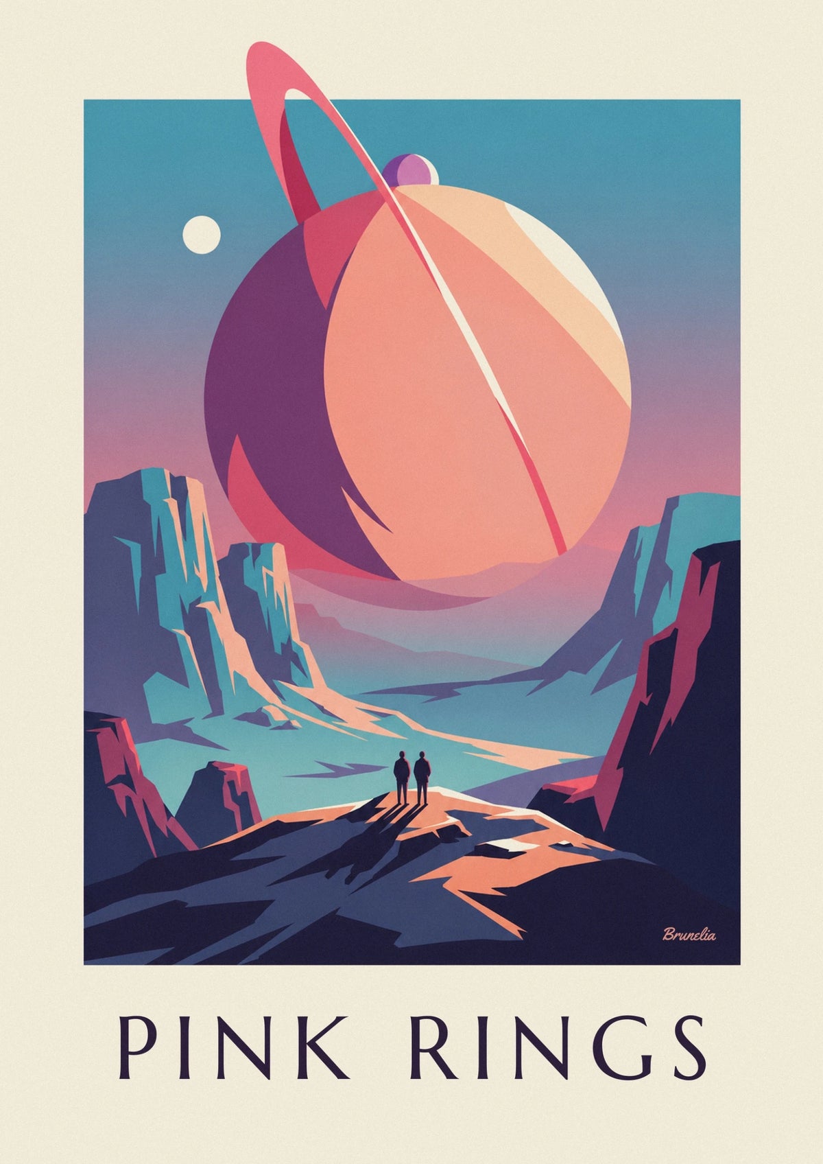 Affiche planète aux anneaux roses sur un paysage extraterrestre