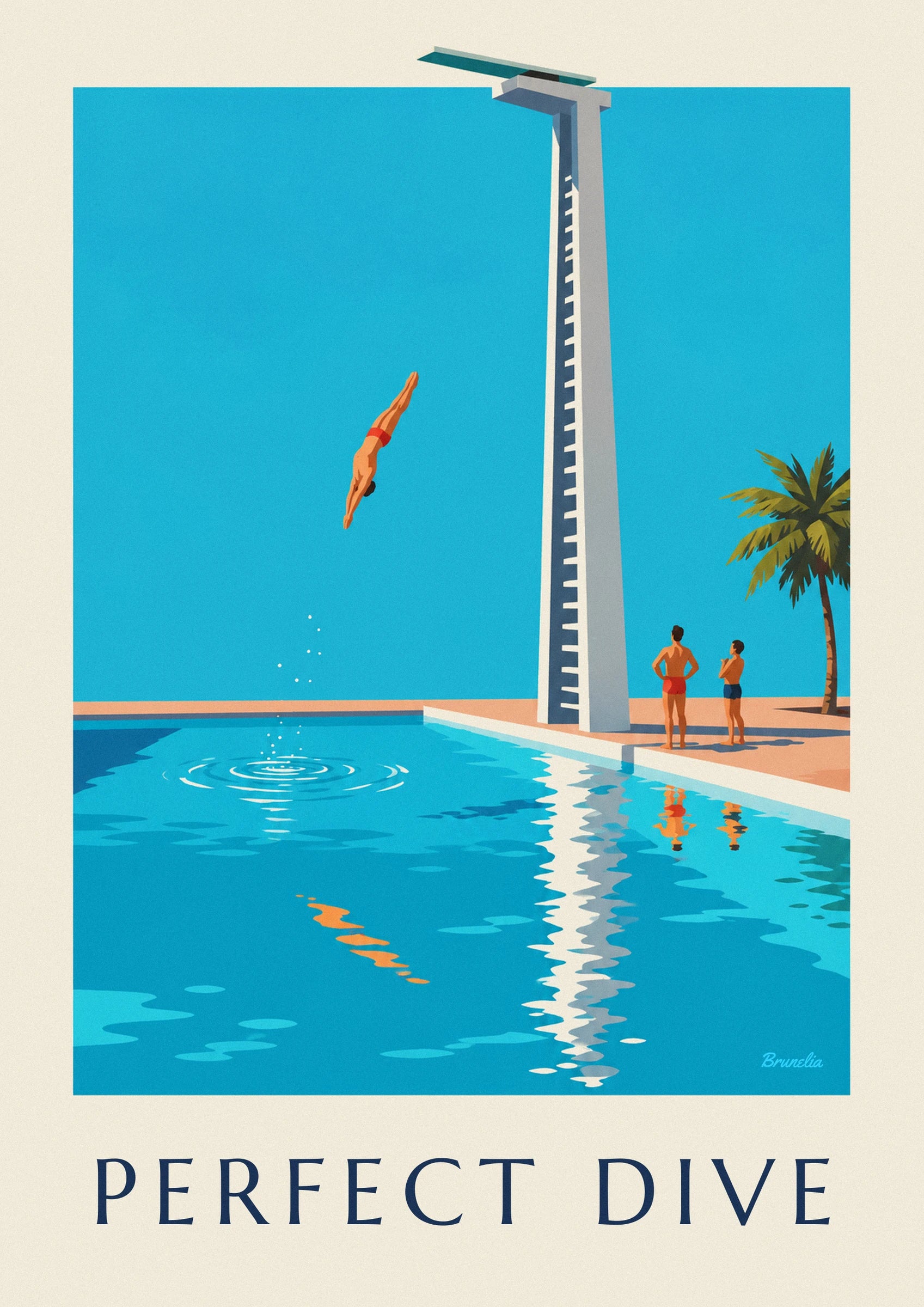Poster Turmspringer im Sprung über einem Schwimmbecken: Detail in Nahaufnahme