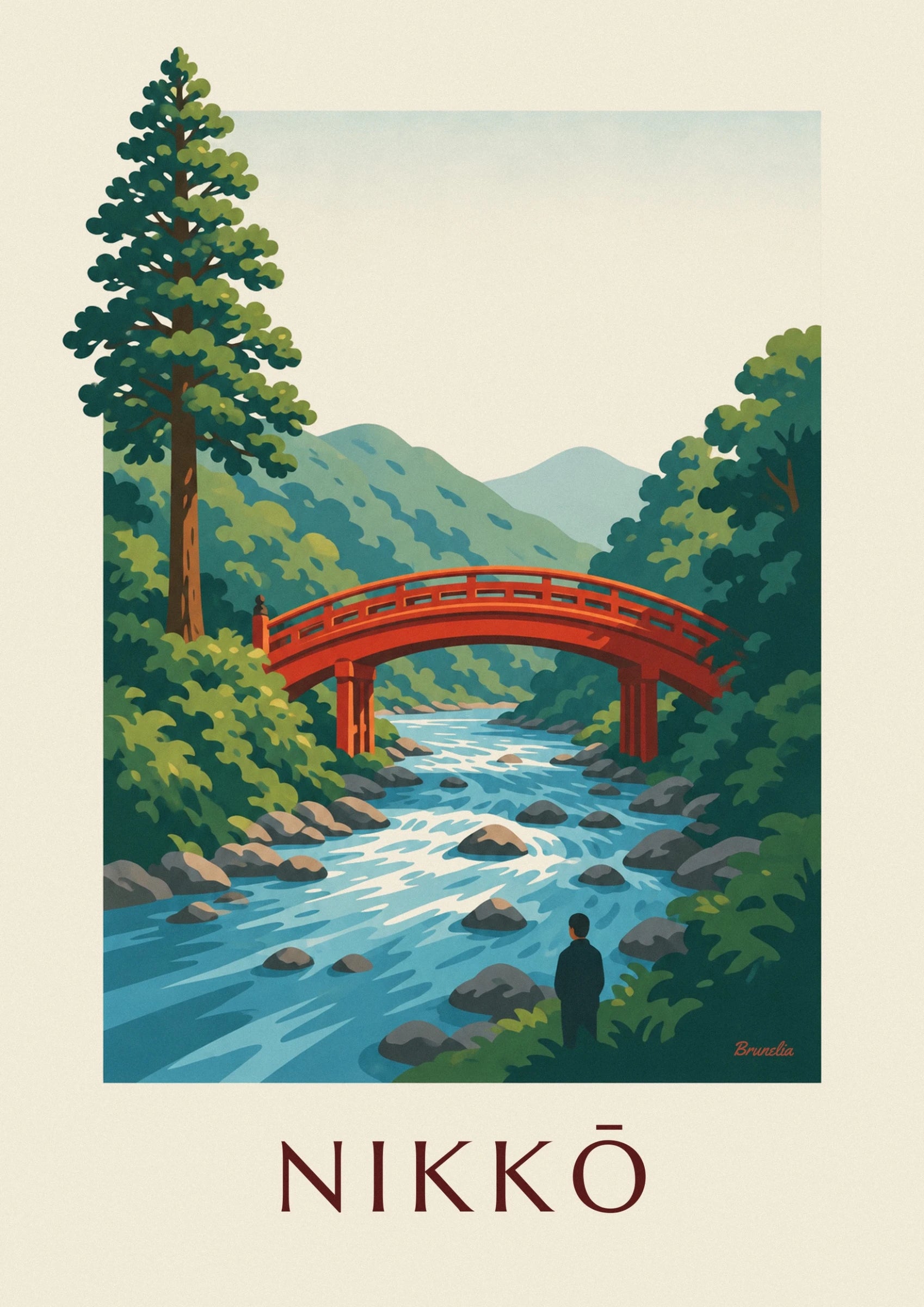 Die rote Shinkyō-Brücke über dem türkisfarbenen Wasser des Daiya, zwischen den Bergen