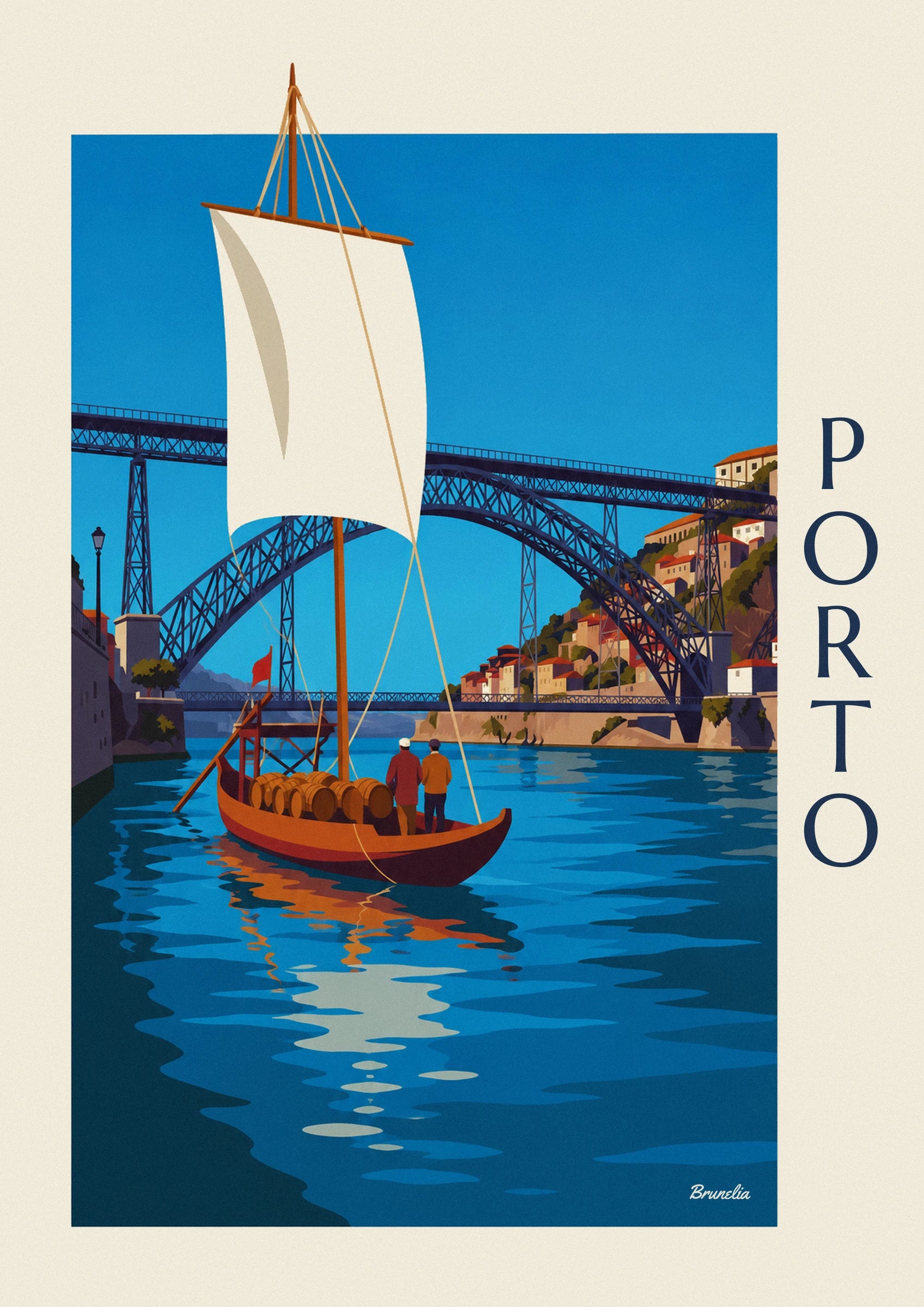 Affiche pont Dom Luís et bateau rabelo sur le Douro à Porto : détail en gros plan