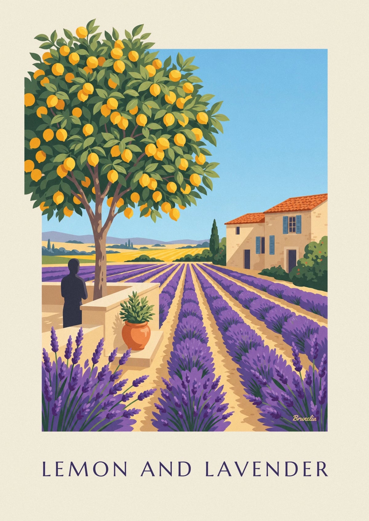 Poster Lavendel, Zitronenbaum und provenzalisches Haus mit blauen Fensterläden
