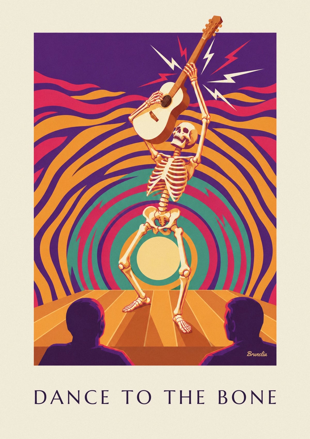 Poster tanzendes Skelett auf psychedelischer Rockparty