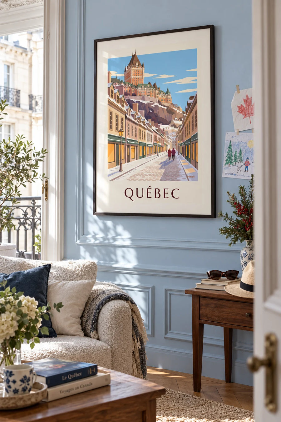 Poster Rue du Petit-Champlain im Schnee in Québec: gerahmt an der Wand