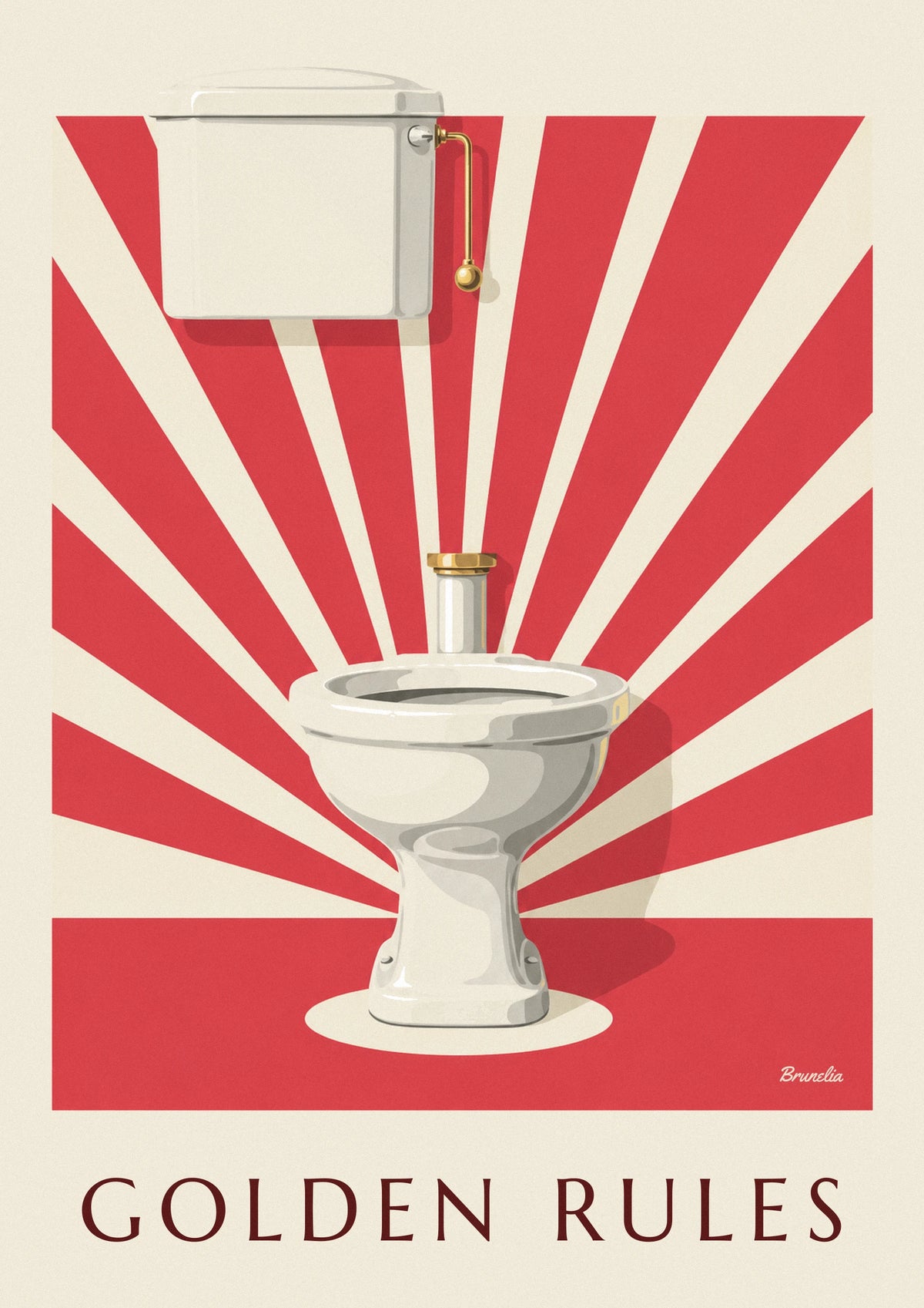 White toilet under the spotlights, golden rules poster