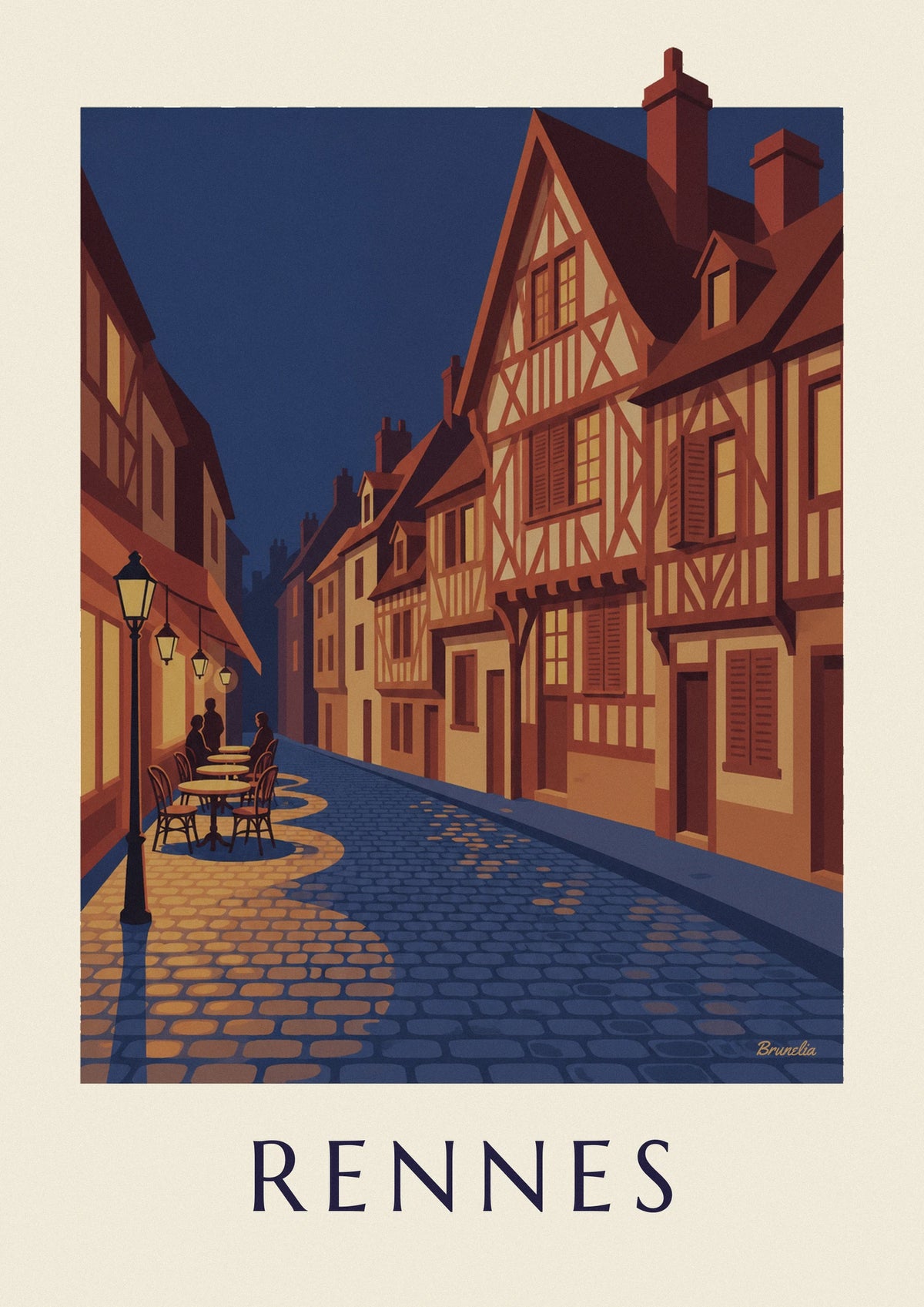 Poster Fachwerkhäuser in der Altstadt von Rennes an einem Abend