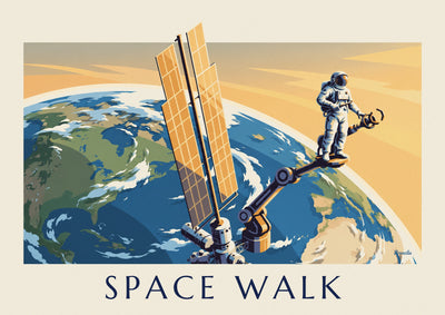 Poster mit Astronaut auf dem Roboterarm einer Raumstation: das ganze Poster