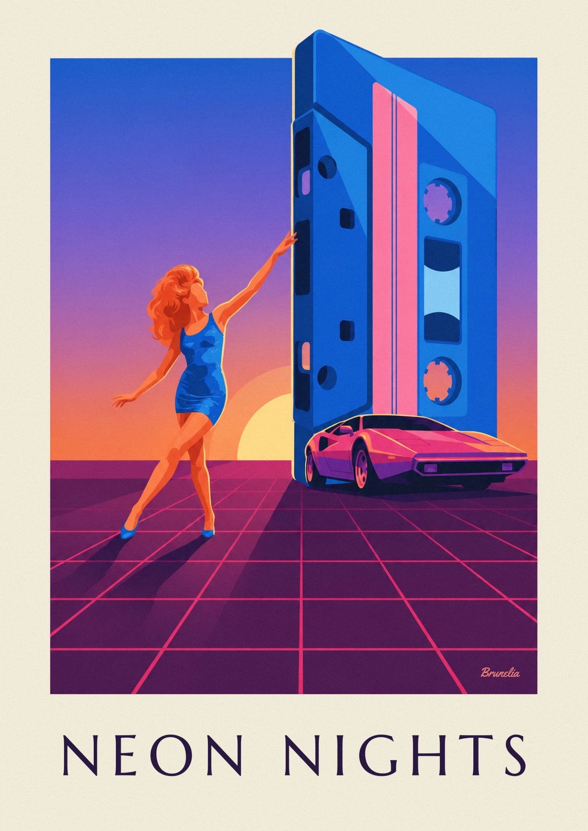 Poster Disco-Frau, riesige Kassette und Sportwagen