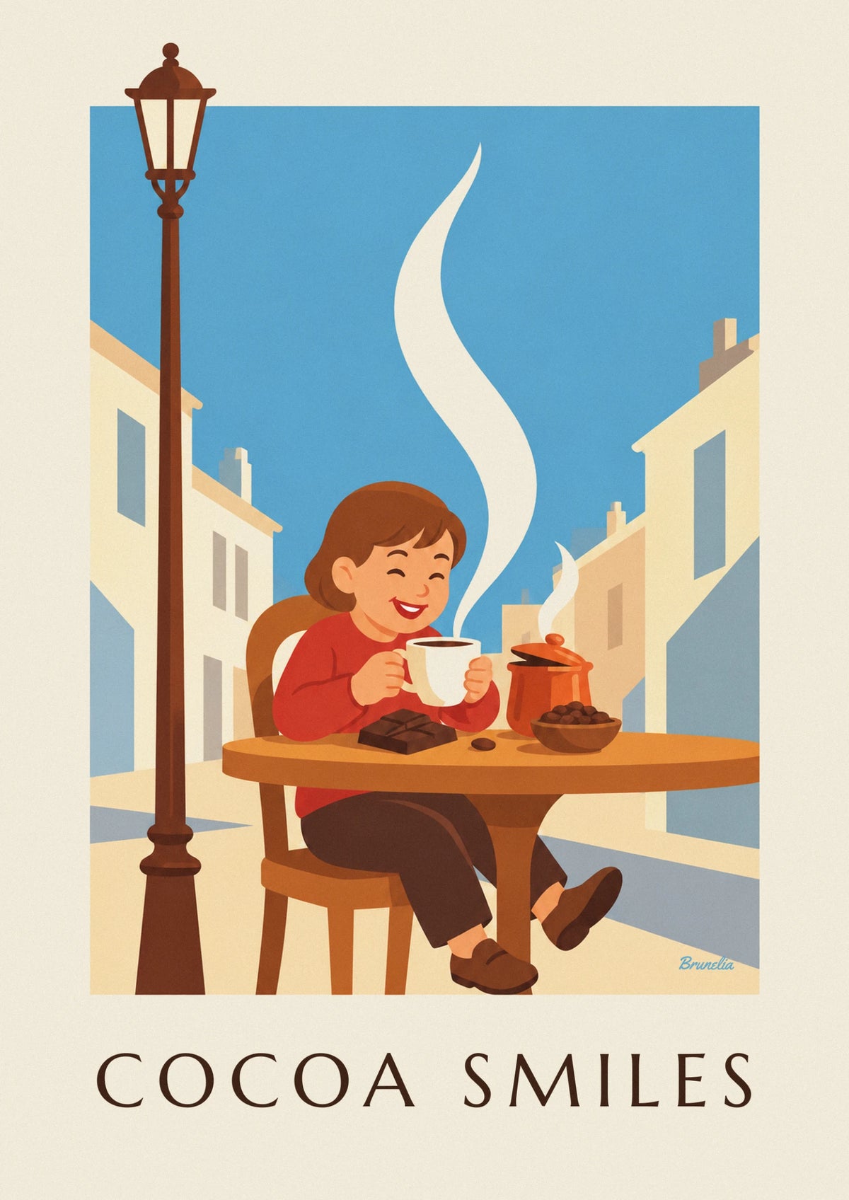 Poster lächelndes Kind mit großer Tasse heißer Schokolade