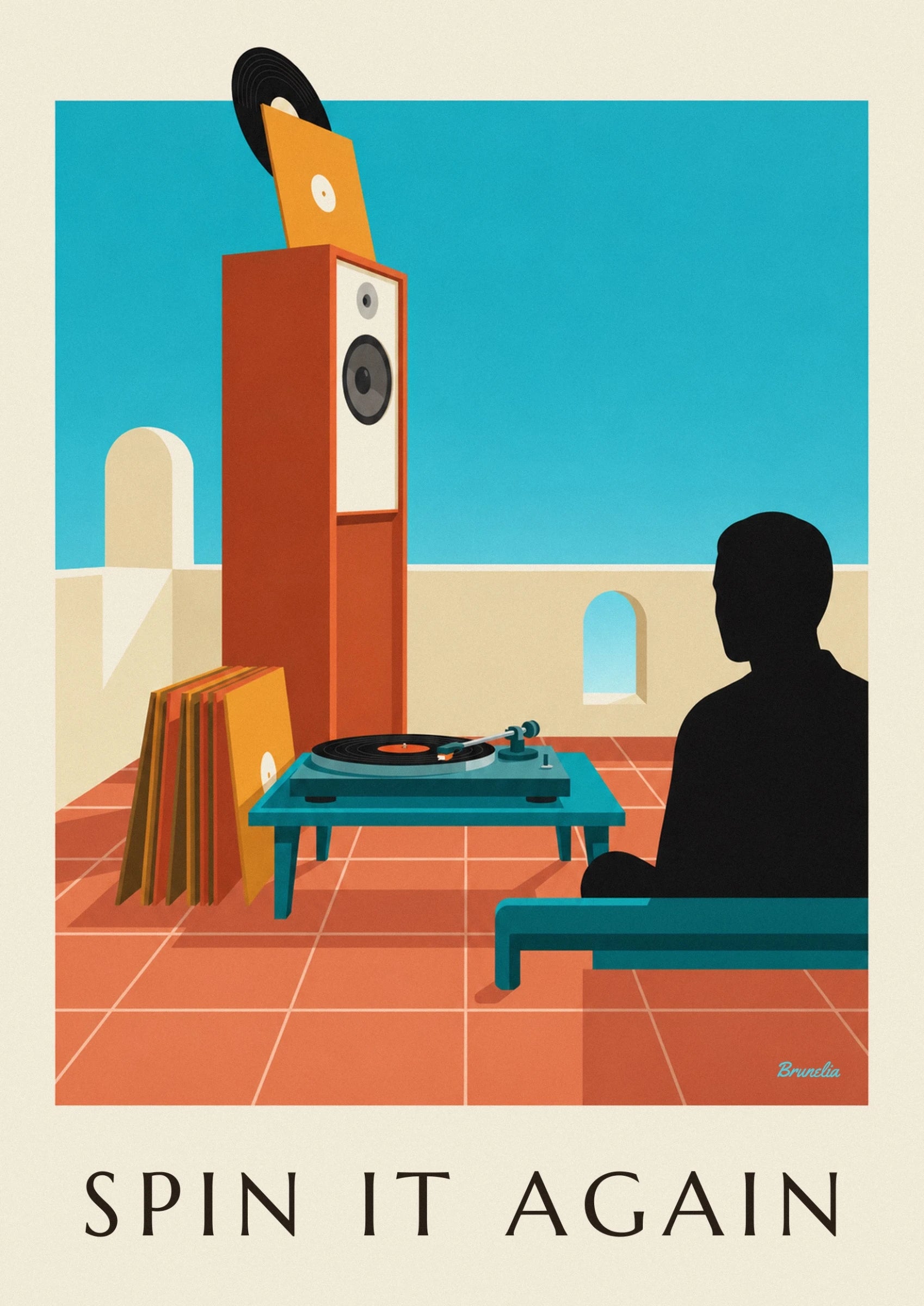 Poster Plattenspieler mit rotierender Schallplatte: Detail in Nahaufnahme