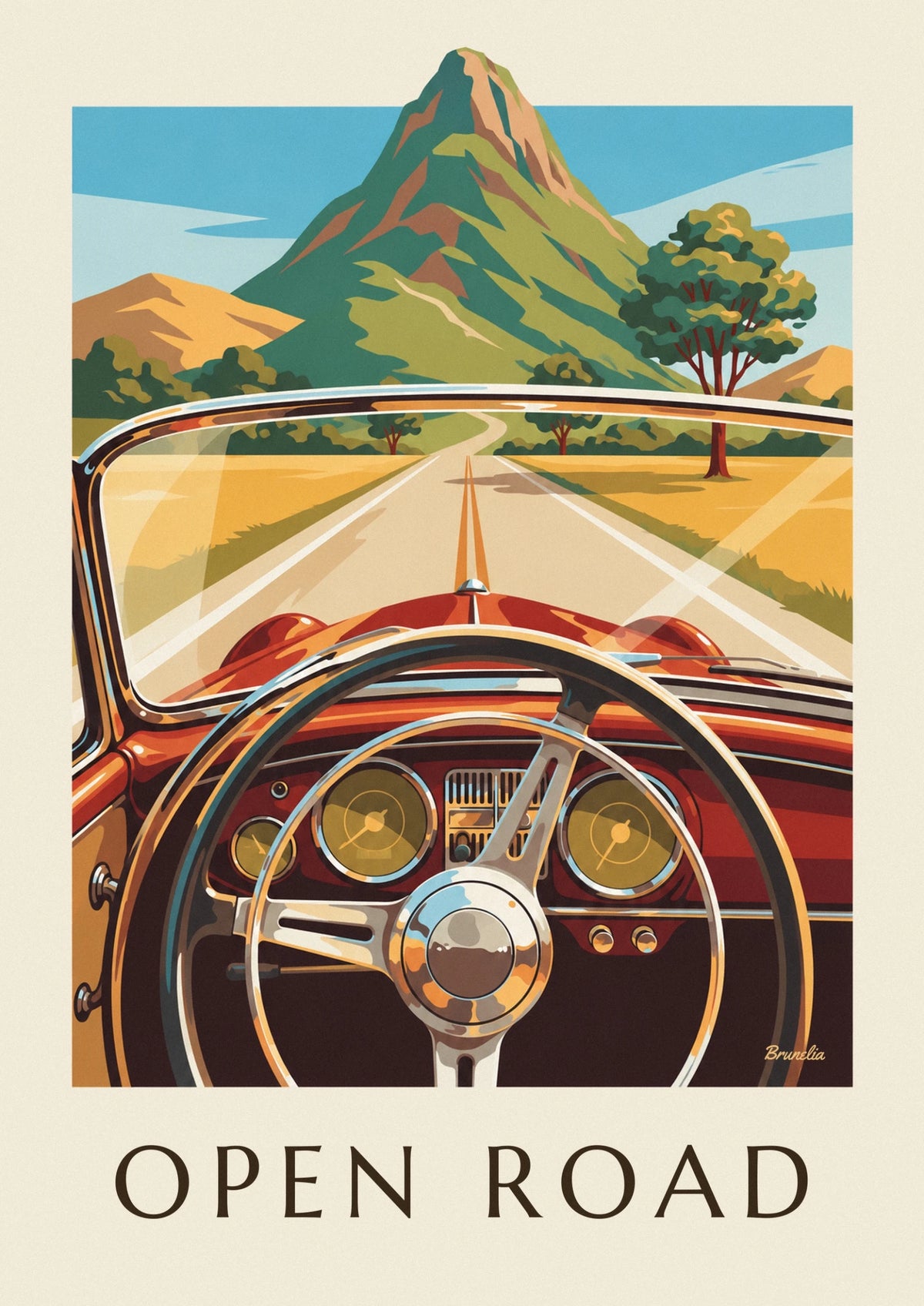 Affiche route et tableau de bord d'une voiture ancienne