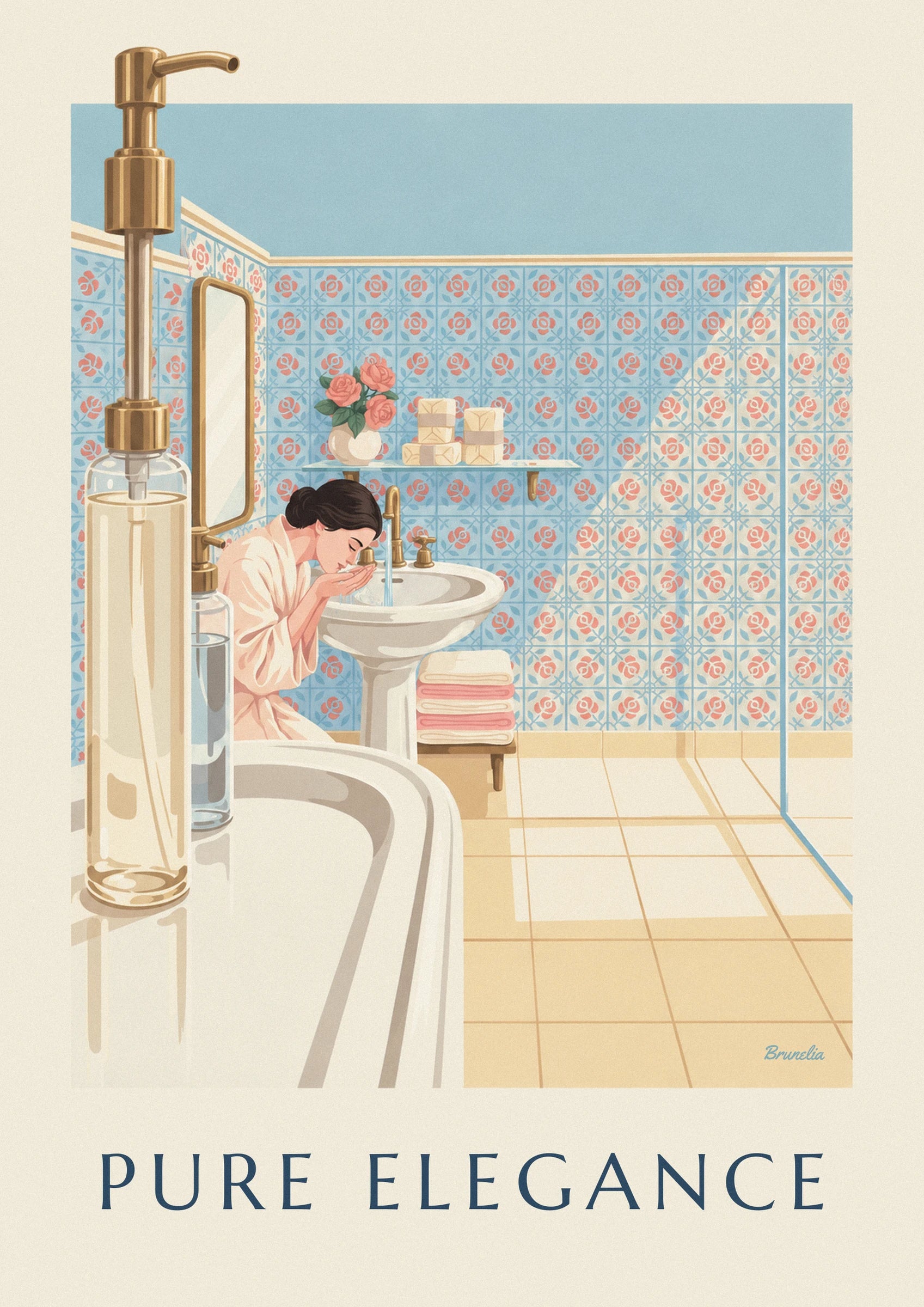Eine Frau im Morgenmantel an einem Porzellanwaschbecken, zwischen goldenem Wasserhahn und rosa Handtüchern