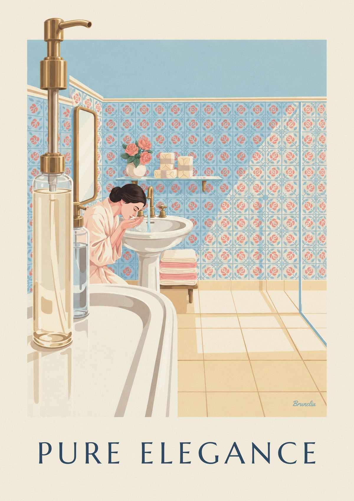 Poster sonniges Badezimmer mit Seifen und Porzellanwaschbecken