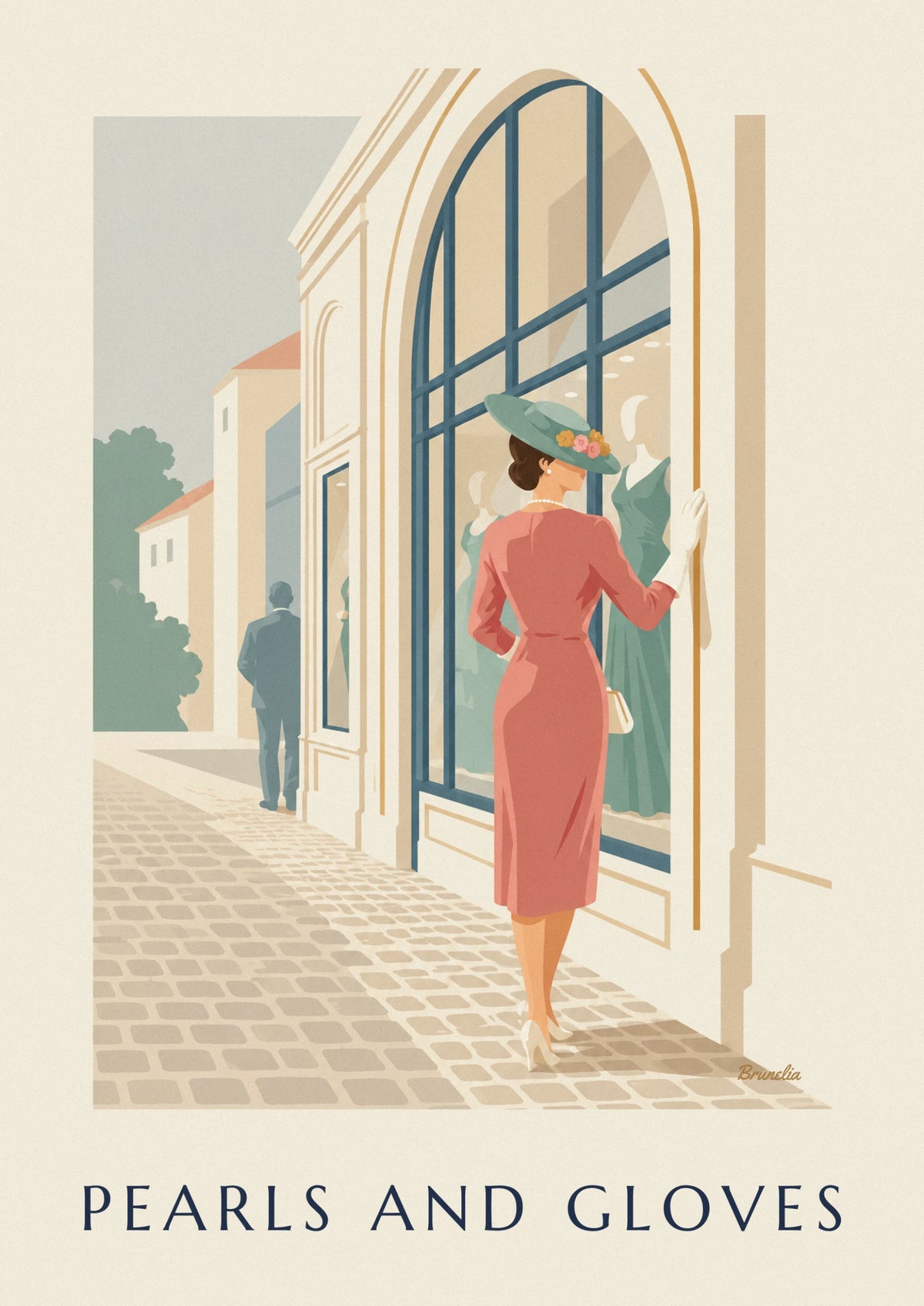 Poster Frau mit Blumenhut, langen Handschuhen und Perlen