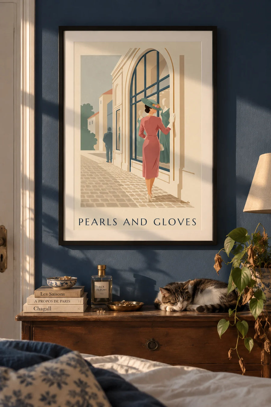 Poster Frau mit Blumenhut, langen Handschuhen und Perlen: gerahmt an der Wand