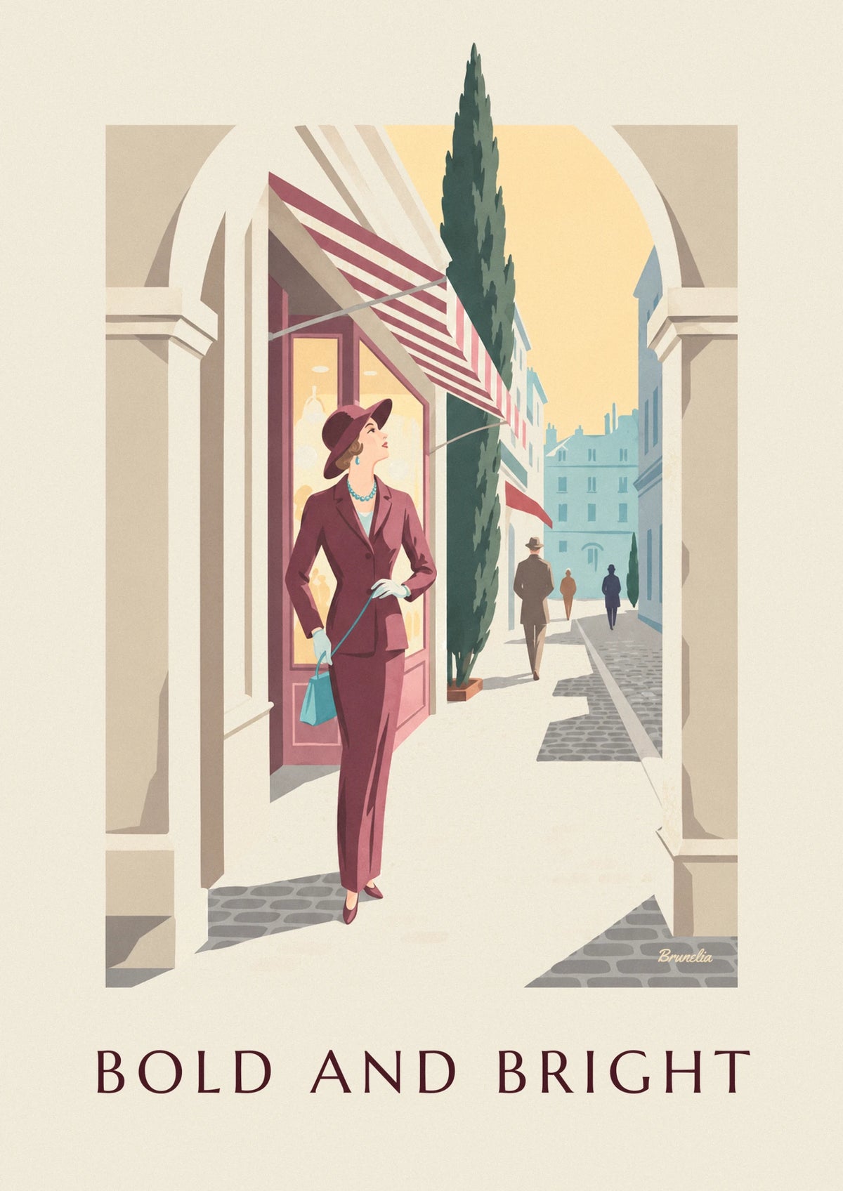 Poster Frau im bordeauxroten Kostüm mit türkisfarbenen Accessoires