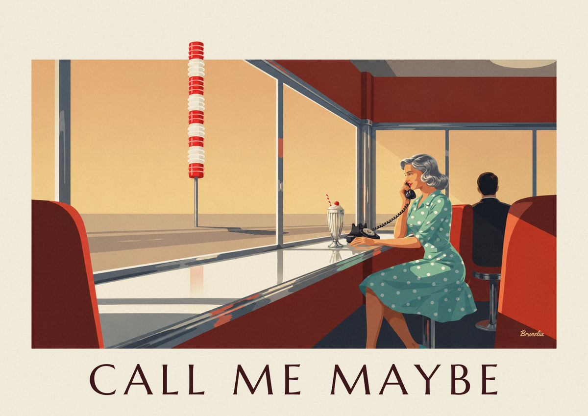 Poster Frau mit Telefon im Punktekleid an der Theke eines Diners