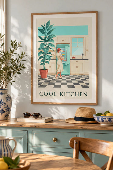 Affiche réfrigérateur arrondi vert menthe dans une cuisine : encadrée au mur