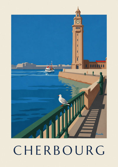 Poster Möwe und Uhrturm des Gare Maritime in Cherbourg: das ganze Poster
