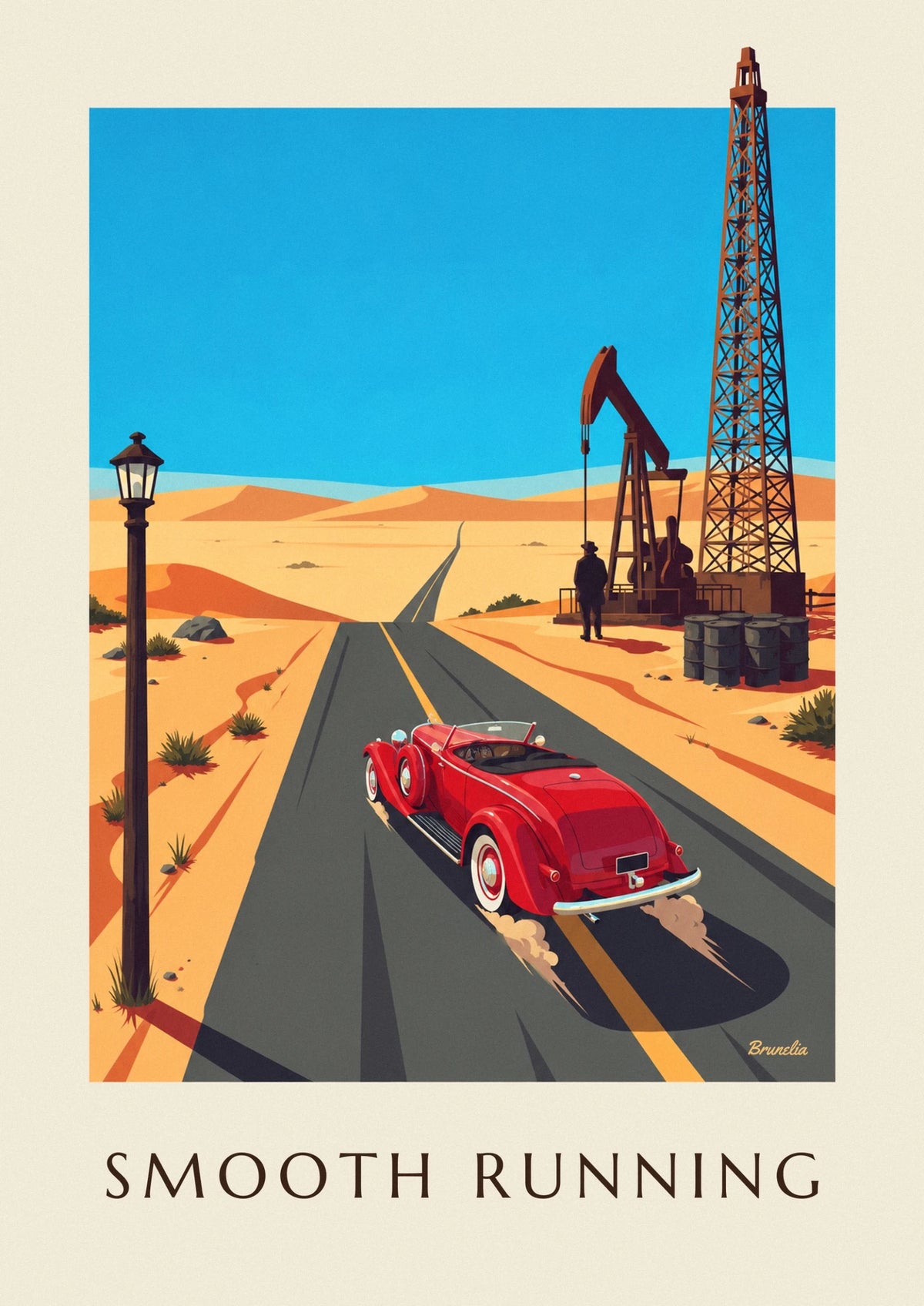 Roadster-Poster mit Wüstenstraße und Ölbohrturm