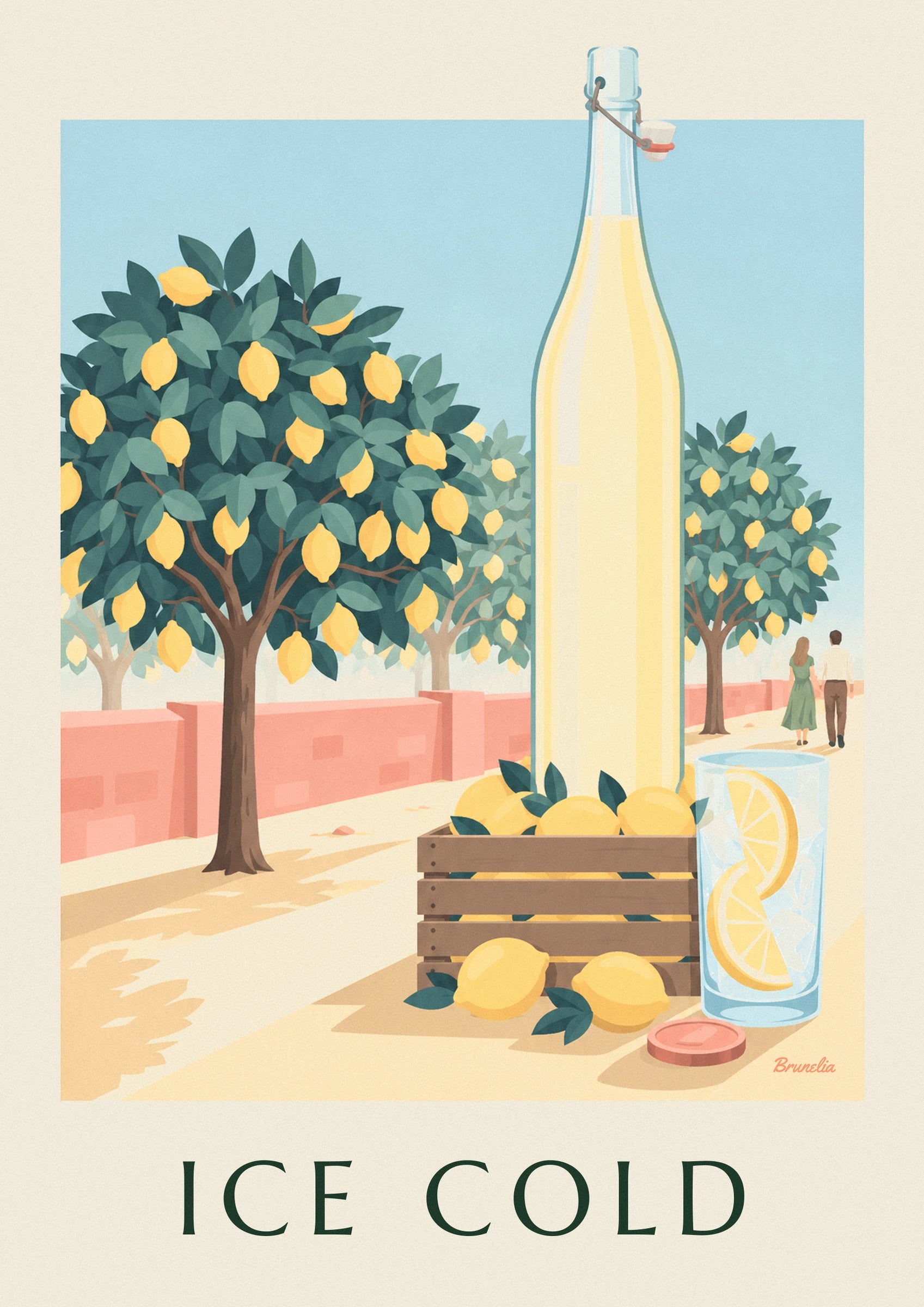 Die blassgelbe Limonadenflasche, umgeben von Blättern und Zitronen