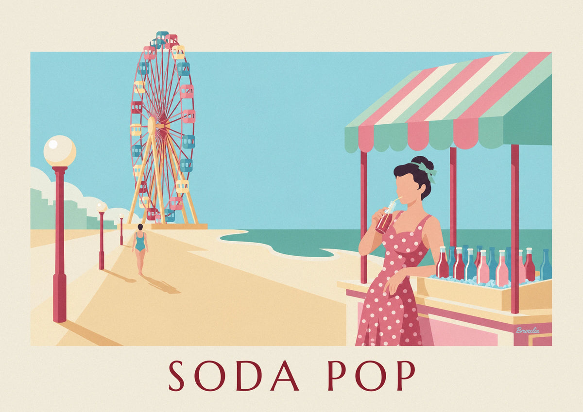 Polka-dot pin-up at a beach soda stand poster