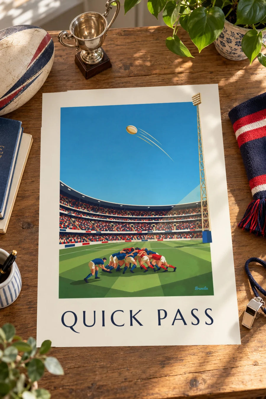 Rugby-Poster: Scrum-Half wirft den Ball aus dem Gedränge : auf einem Tisch aufgestellt