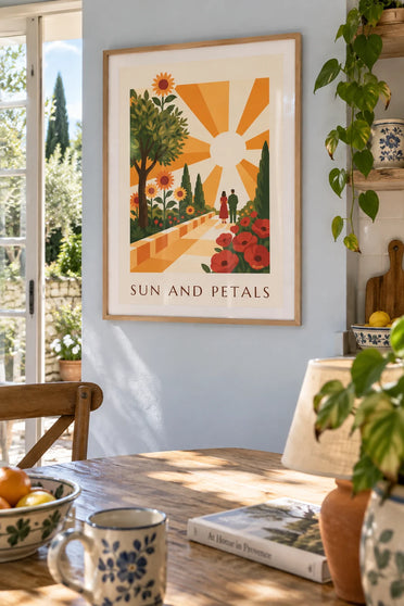 Poster strahlende Sonne und stilisierte geometrische Blumen: gerahmt an der Wand