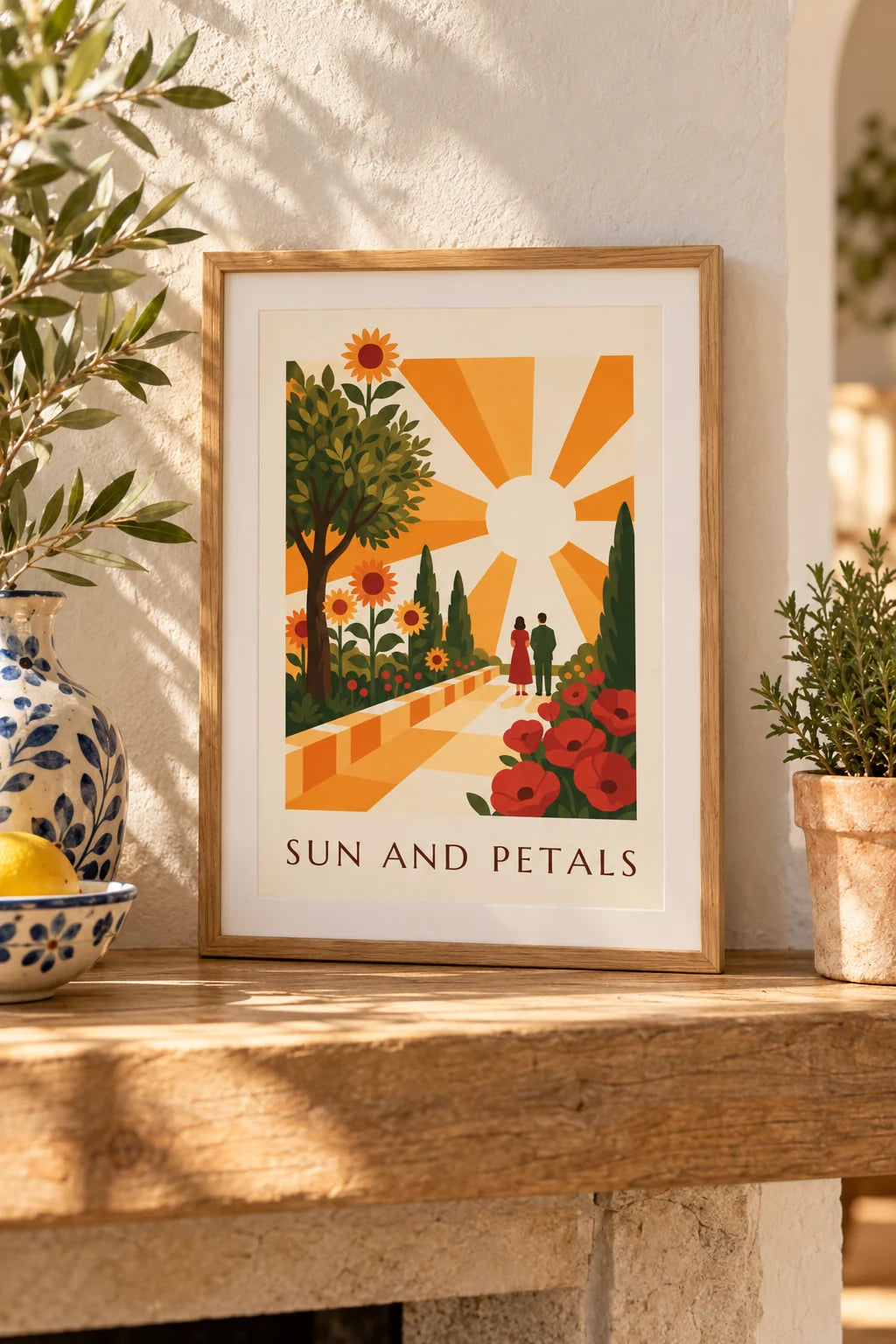 Wohnzimmer: Poster strahlende Sonne und stilisierte geometrische Blumen im Raum