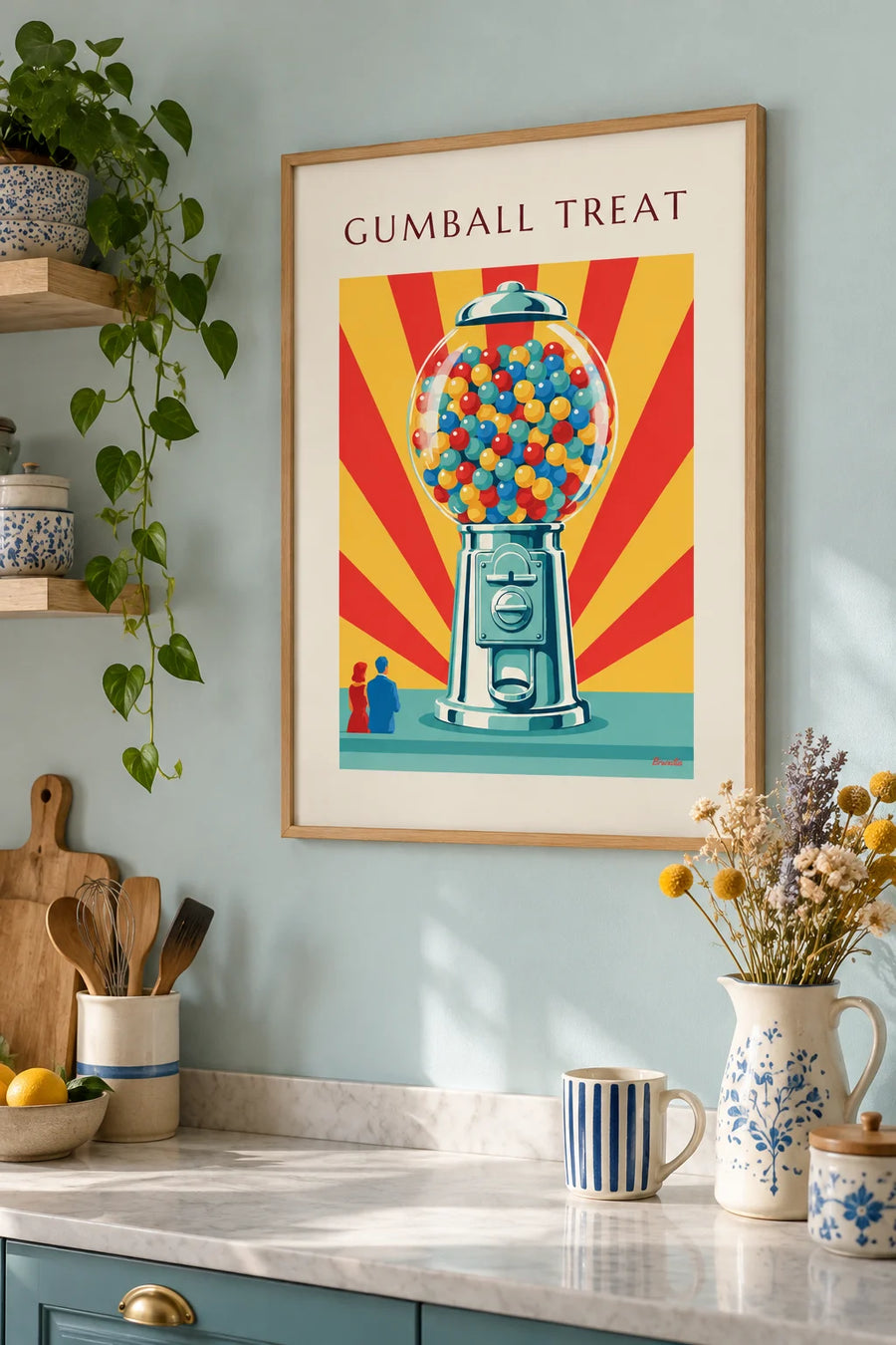 Poster Bonbonautomat mit bunten Kugeln: gerahmt an der Wand